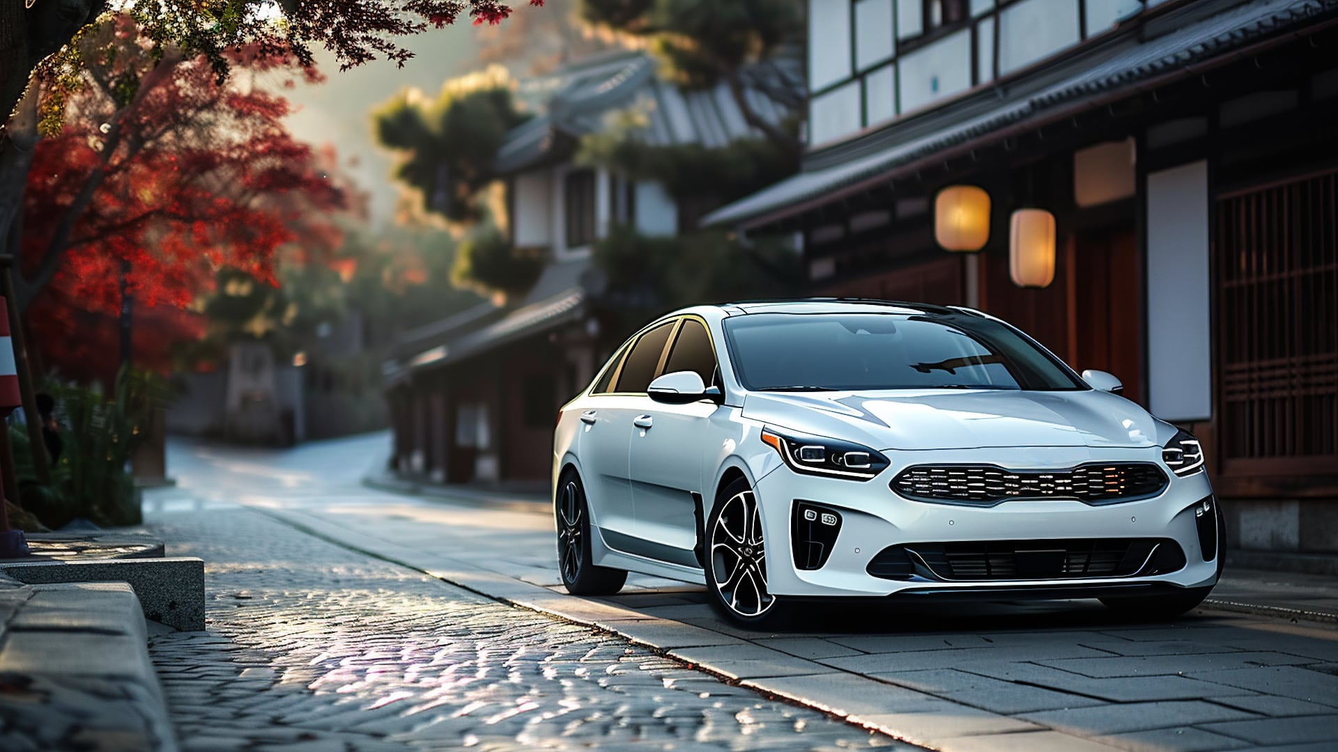 A white 2019 Kia Sorento parked on a cobblestone street.|a white car parked in a parking lot.