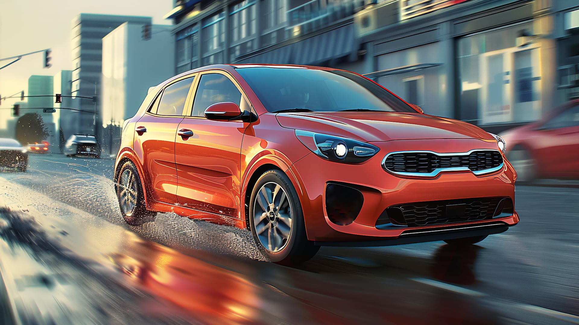 A 2019 Kia Rio driving down a city street.|a silver car parked on the side of the road.