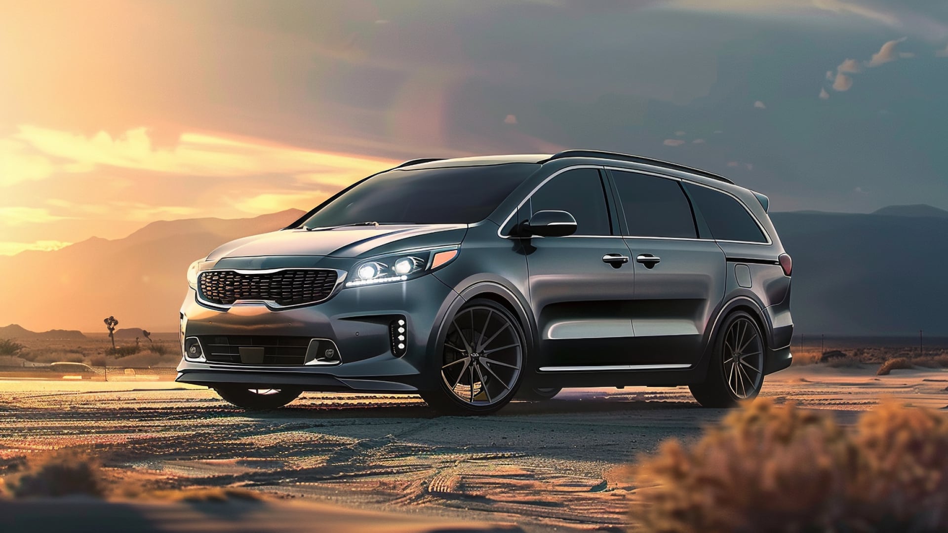 The 2019 Kia Sedona, one to avoid, is parked in the desert.|a blue van parked on the side of a road.