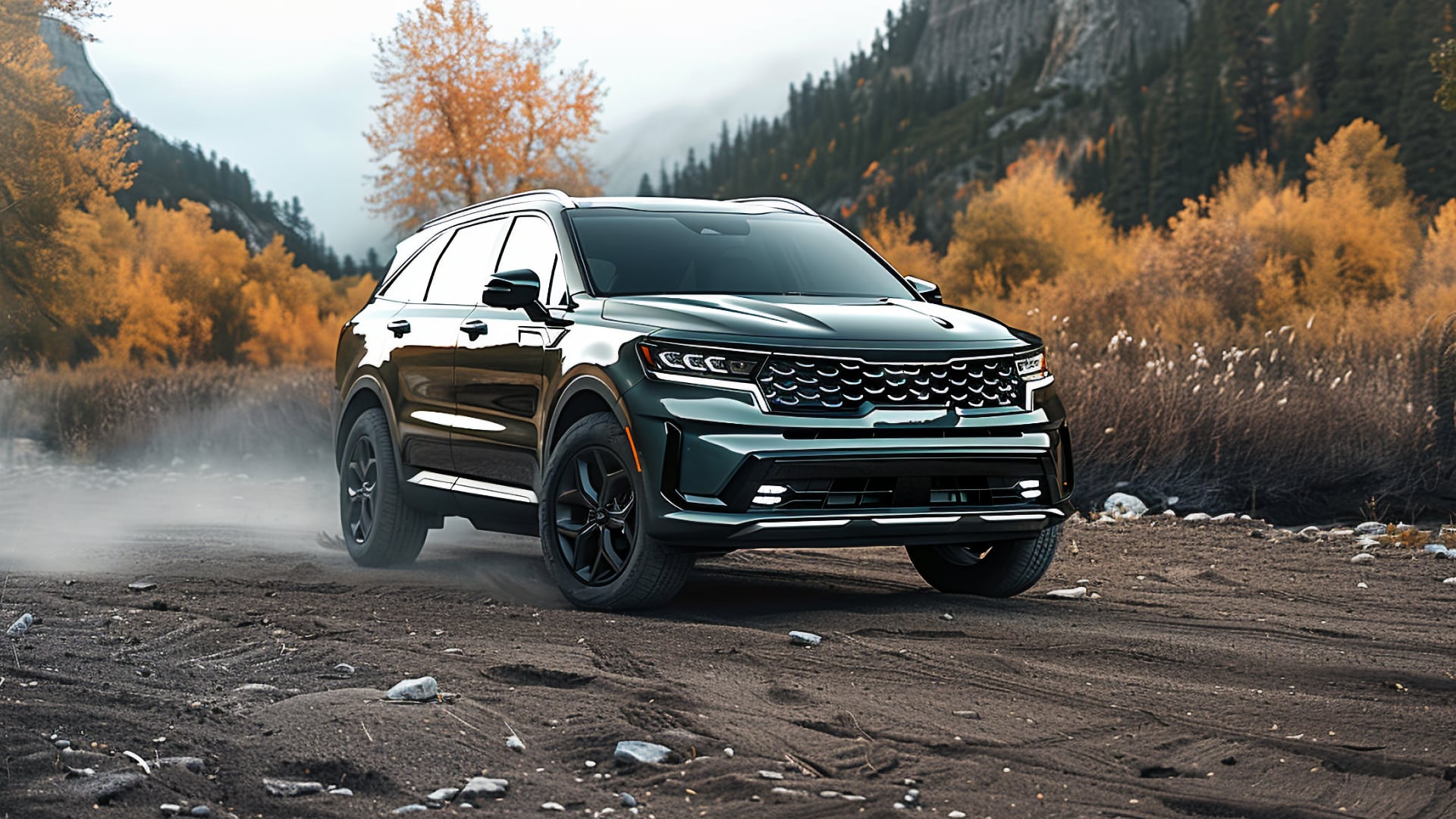 A green 2020 Kia Sorento driving on a dirt road.|a grey suv parked in a parking lot.
