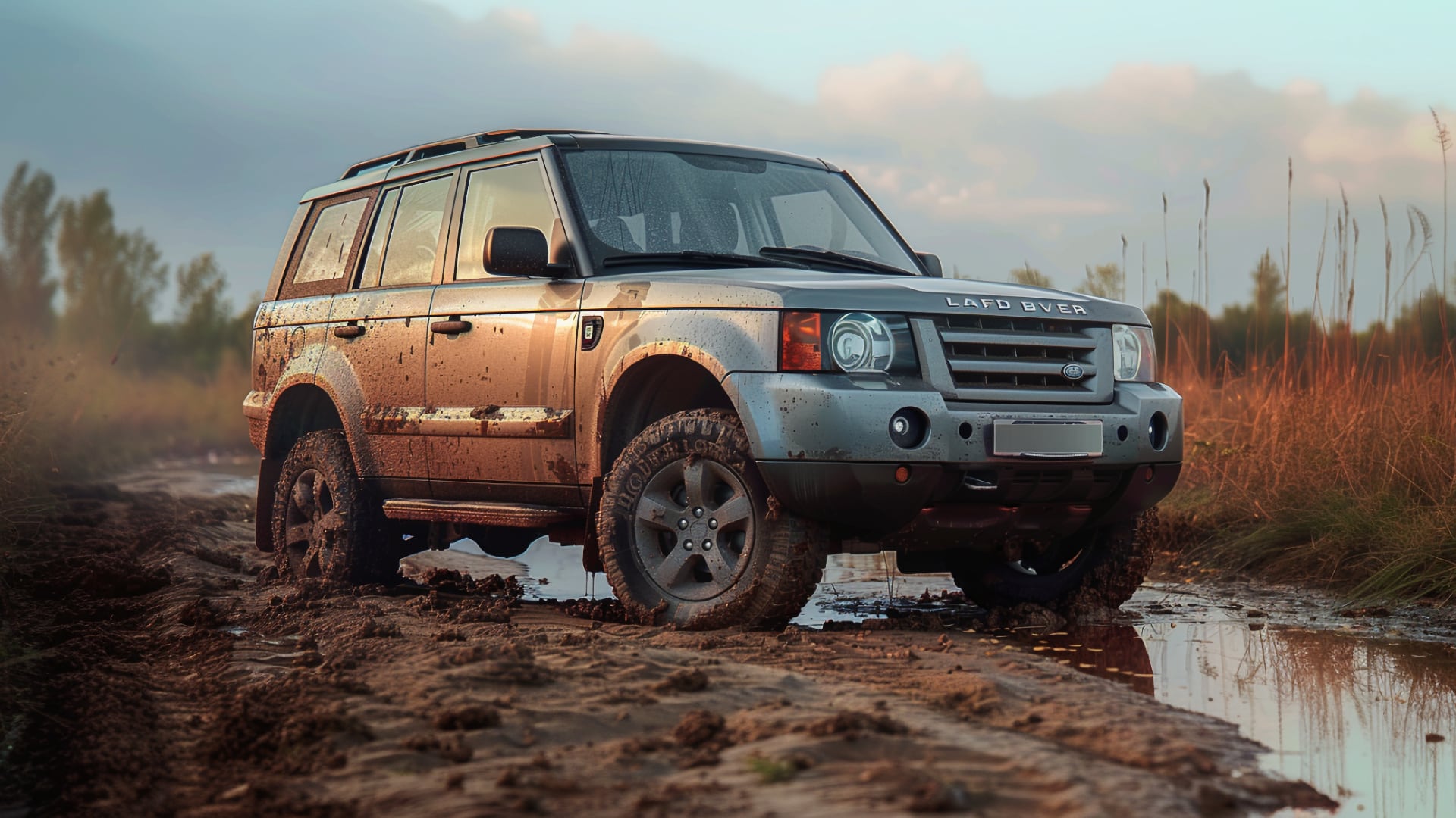 A Land Rover LR3 is driving down a muddy road.|a silver land rover parked on the side of the road.