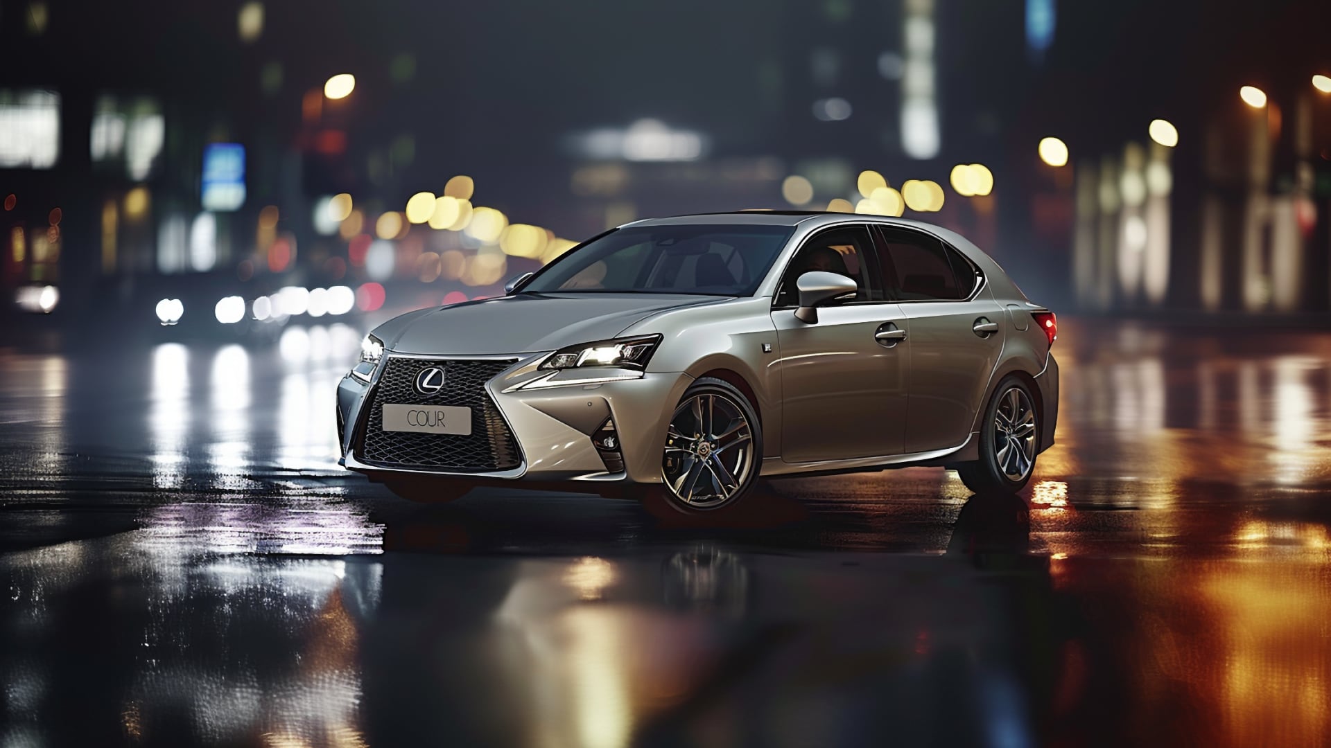 A Lexus CT200h parked on a wet road.|a black car driving down a road next to a lush green field.