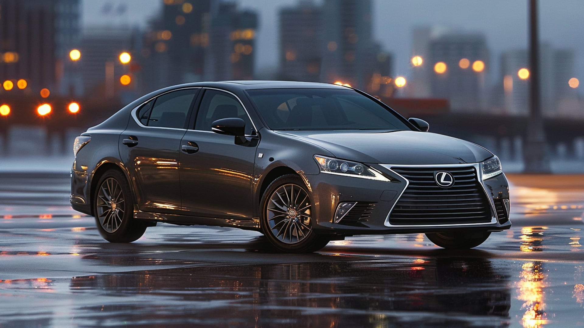 The 2018 Lexus ES 350 is parked on a wet street.|a black car parked on a beach next to the ocean.