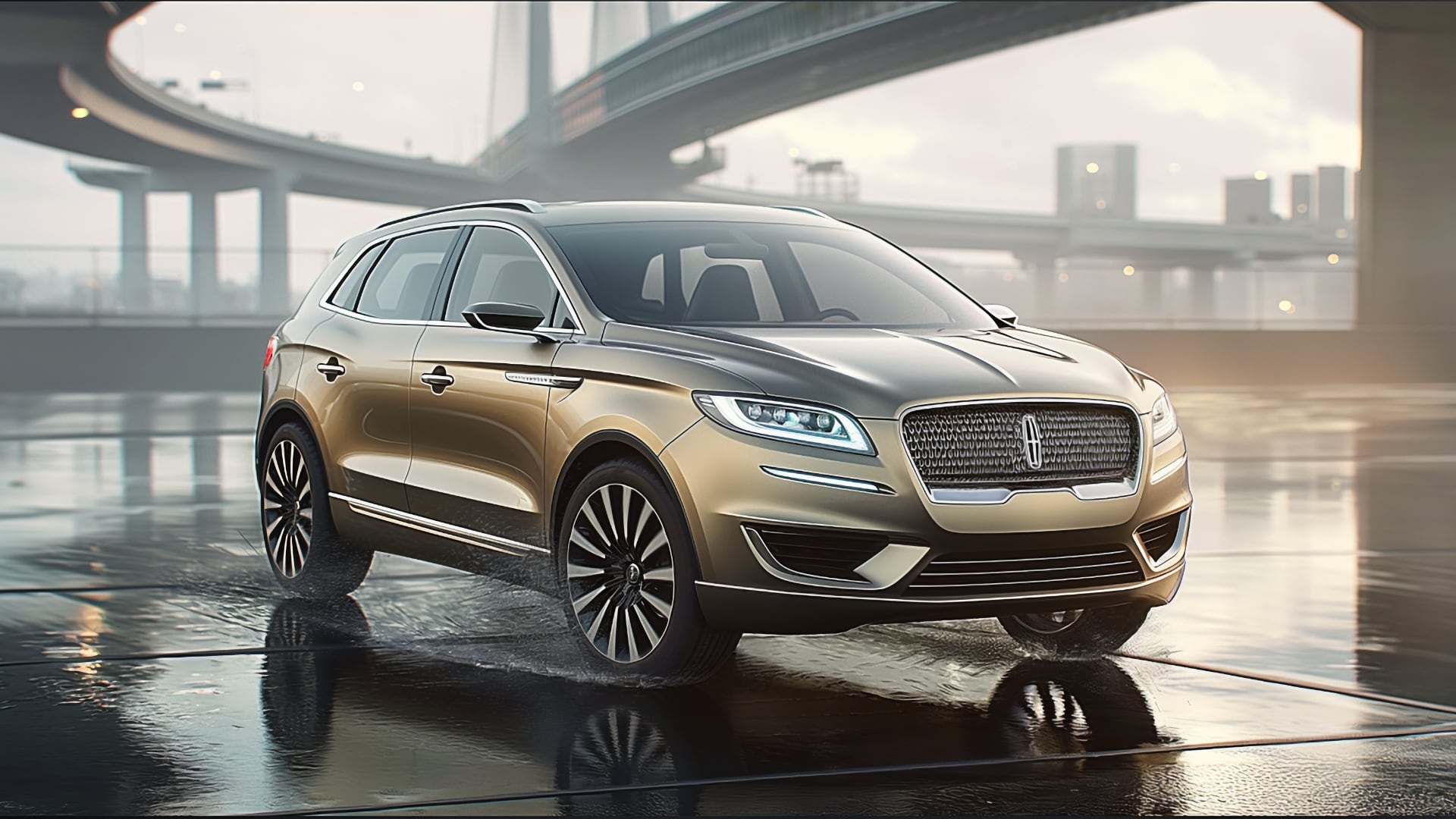The 2020 Lincoln MKX SUV, a model year to avoid, is parked on a wet road.|a gold suv is parked in a hangar.