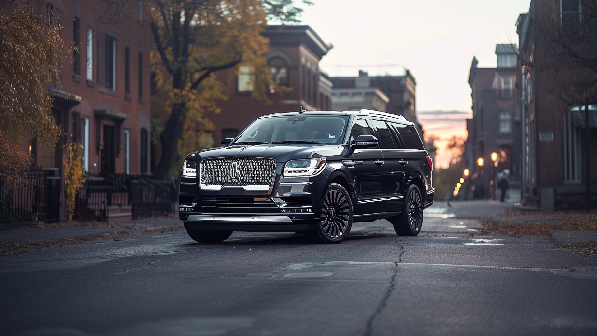 A black Lincoln Navigator, avoiding certain years, is driving down a city street.|a silver suv parked in a parking lot.