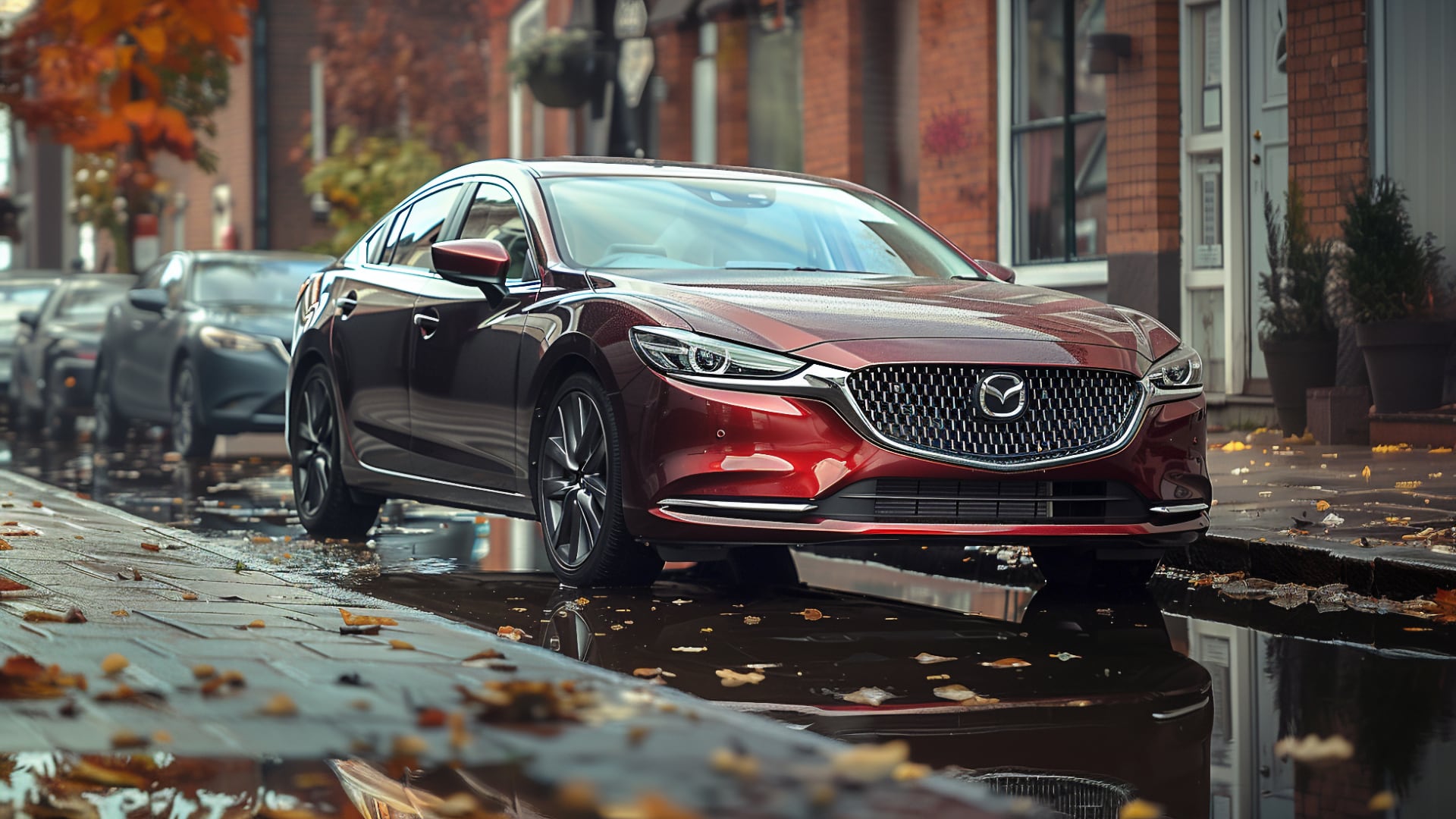 The 2019 Mazda CX-9, one of the Mazda models without years to avoid, is parked on a rainy street.|a blue car parked in a parking lot.