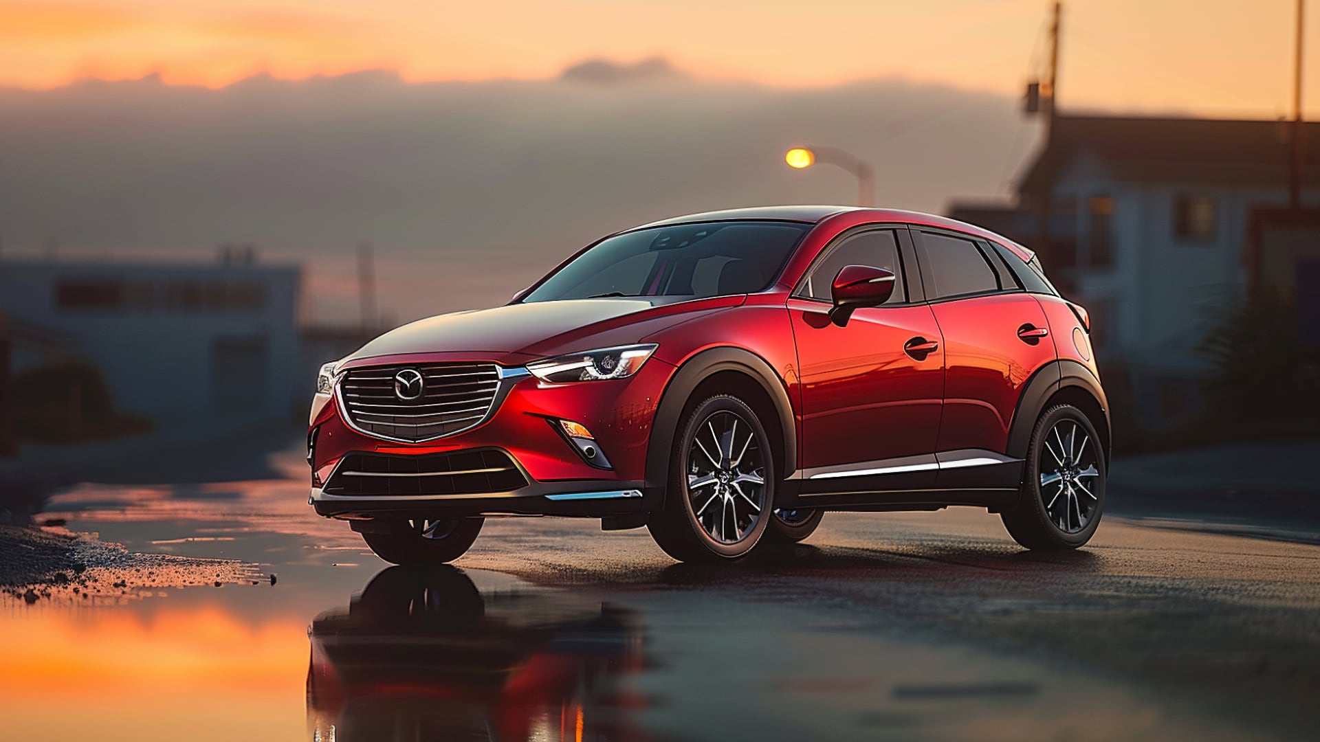 The red Mazda CX-3, driving down a street at sunset, is a model from one of the years to avoid.|a red mazda cx - 3 driving down a road.