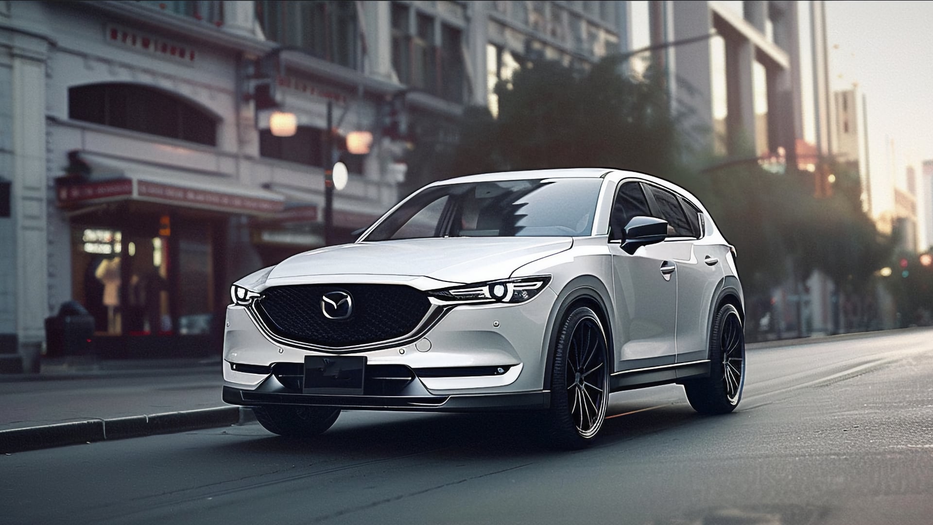 The Mazda CX-5, with years to avoid, is driving down a city street.|a red mazda cx - 5 parked in a garage.