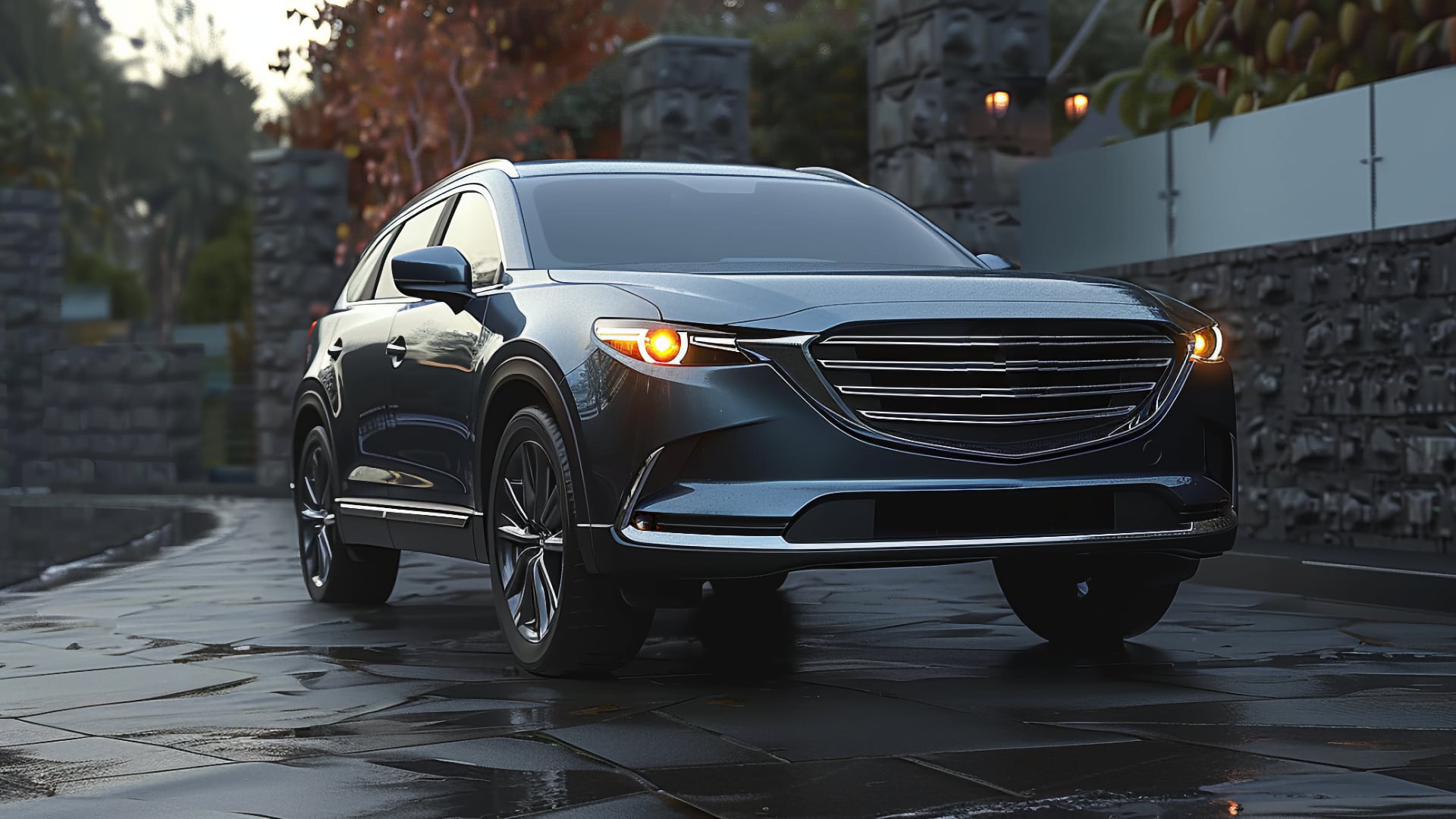 A Mazda CX-9 parked on a wet pavement.|a blue suv is parked in a driveway.
