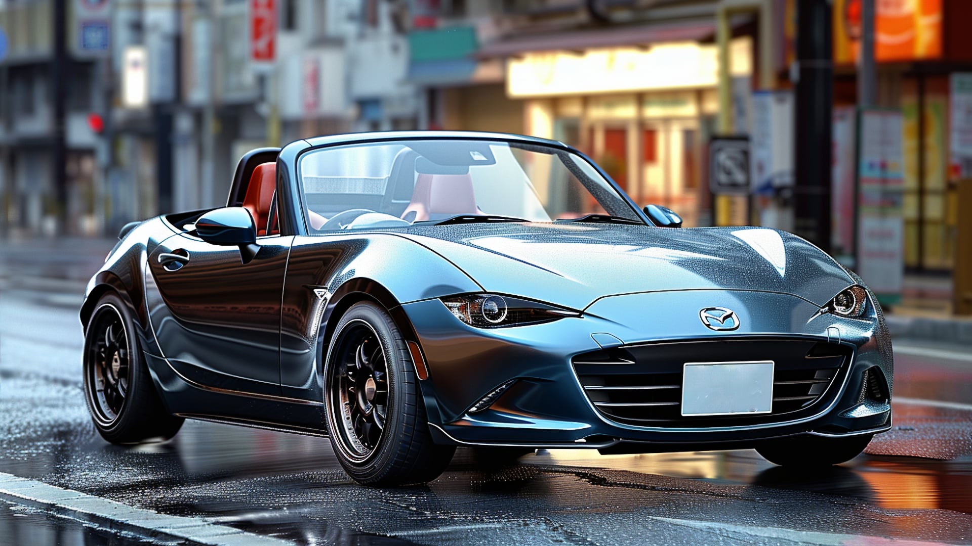 The Mazda Miata MX-5 roadster is parked on a wet street.|a white sports car parked on the side of the road.