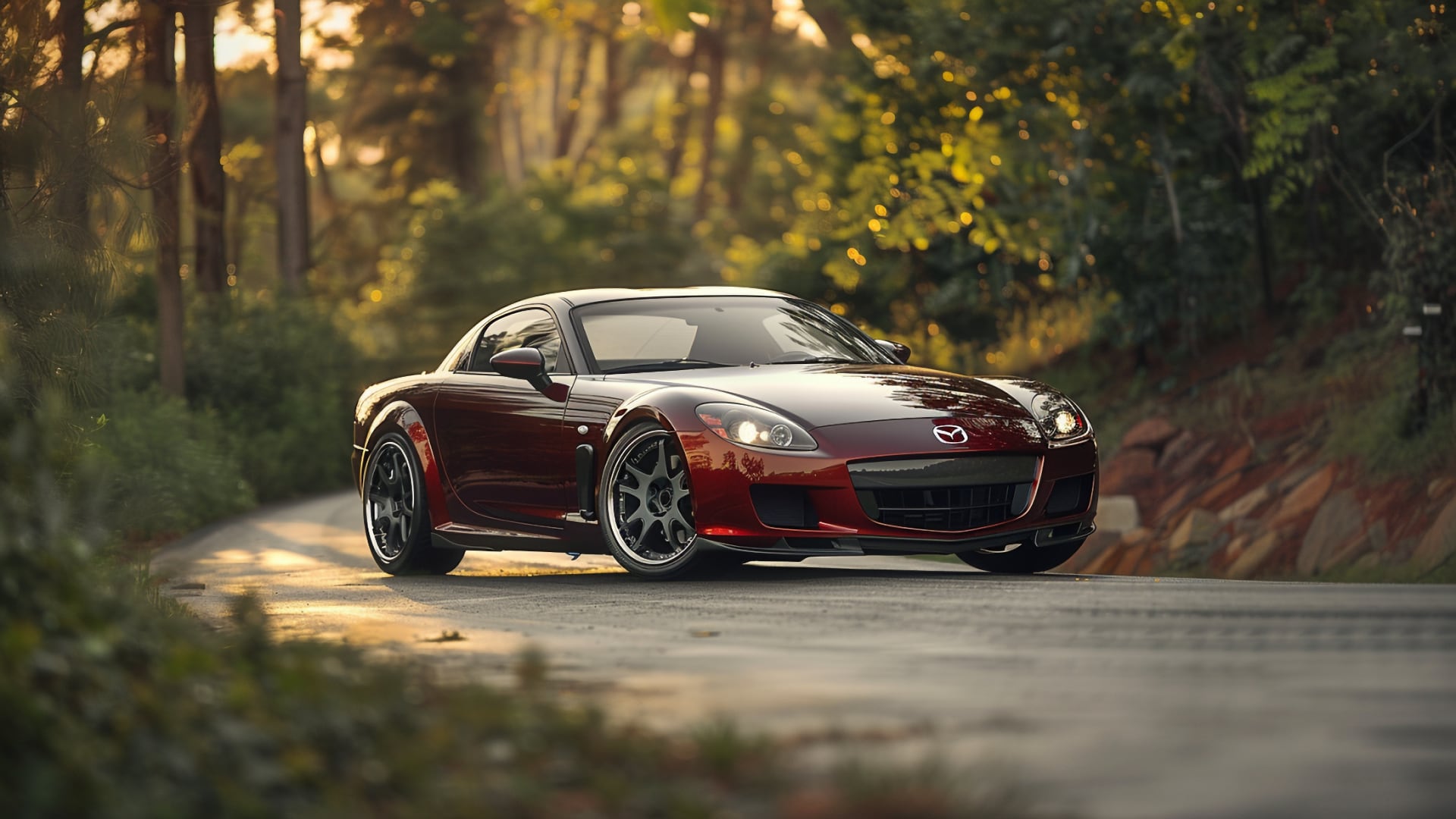 A red Mazda RX-8 sports car driving down a road in the woods.|a mazda car parked on the side of the road.