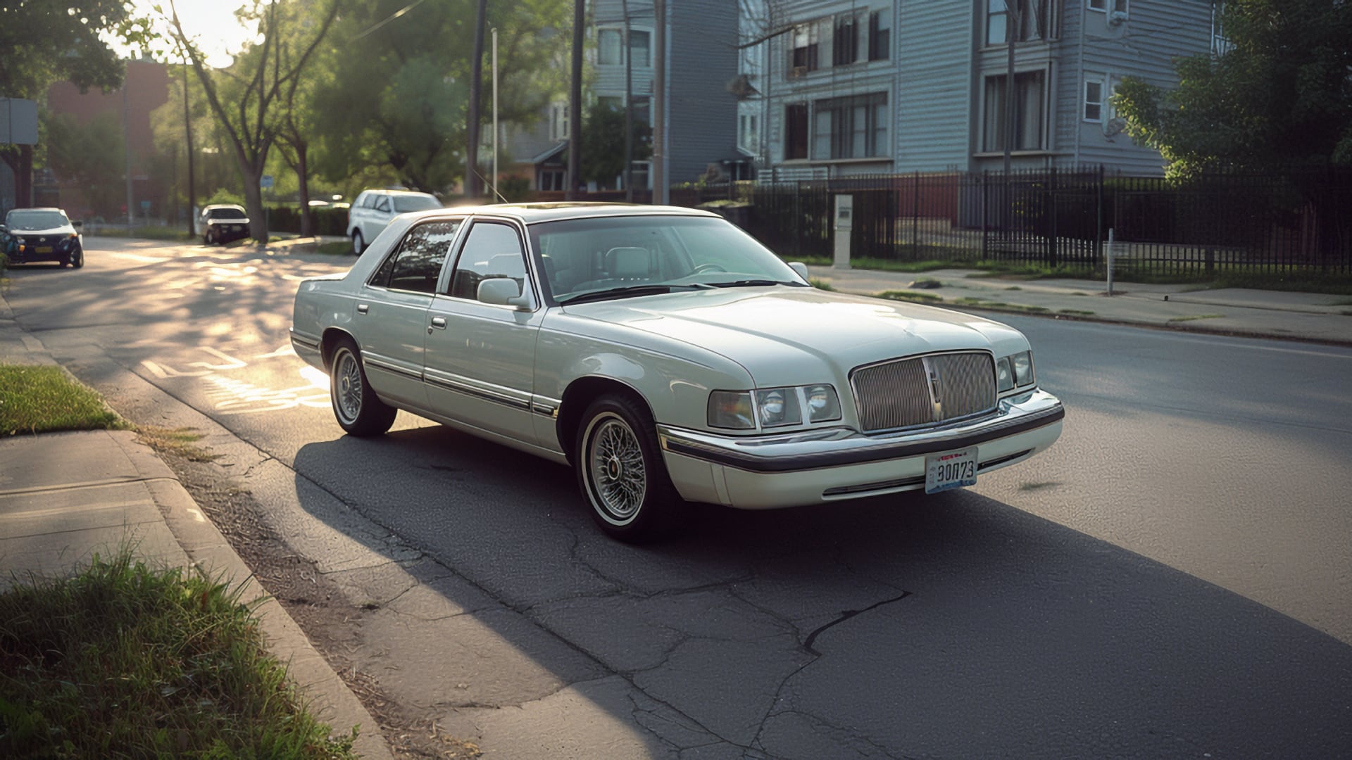 A white Mercury Grand Marquis parked on the side of a street.|a blue car parked on the side of the road.