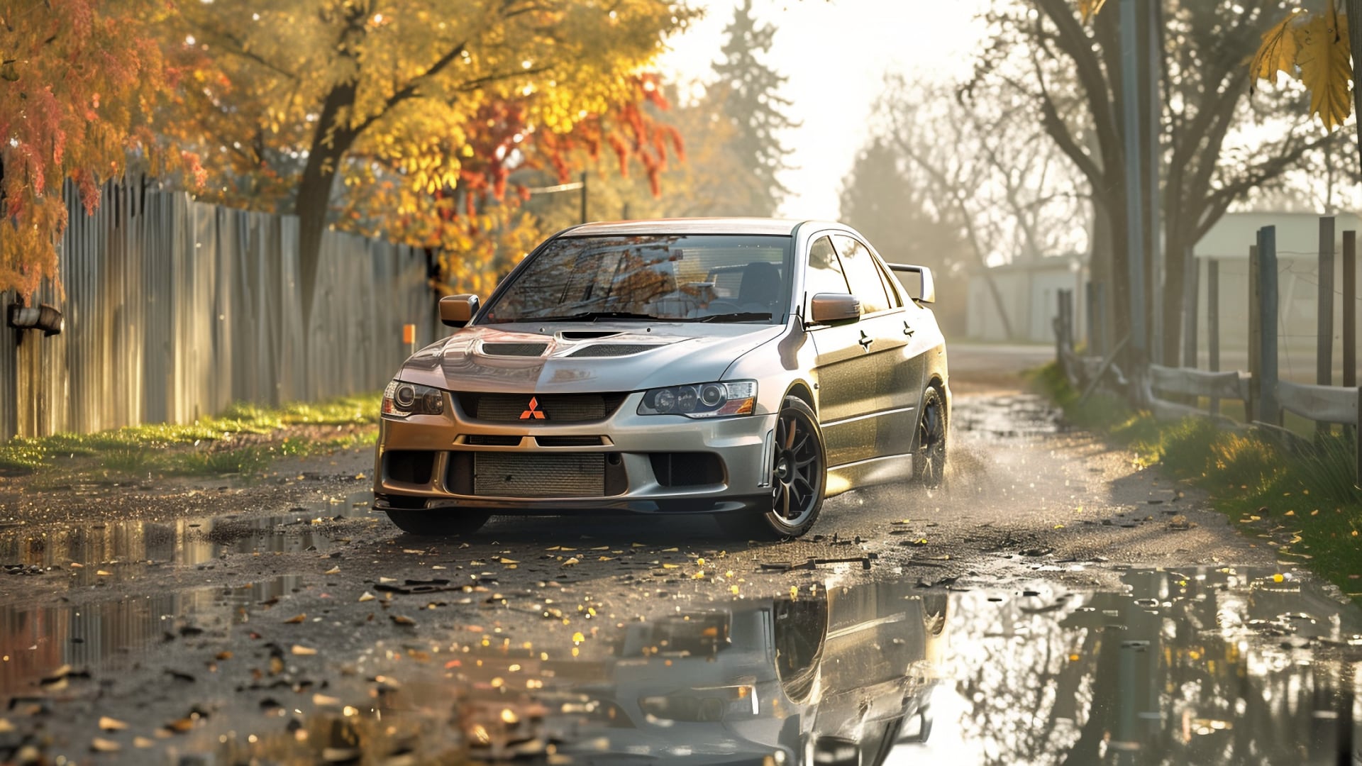 A silver Mitsubishi Lancer driving down a muddy road in autumn.|a silver car parked on the side of a road.