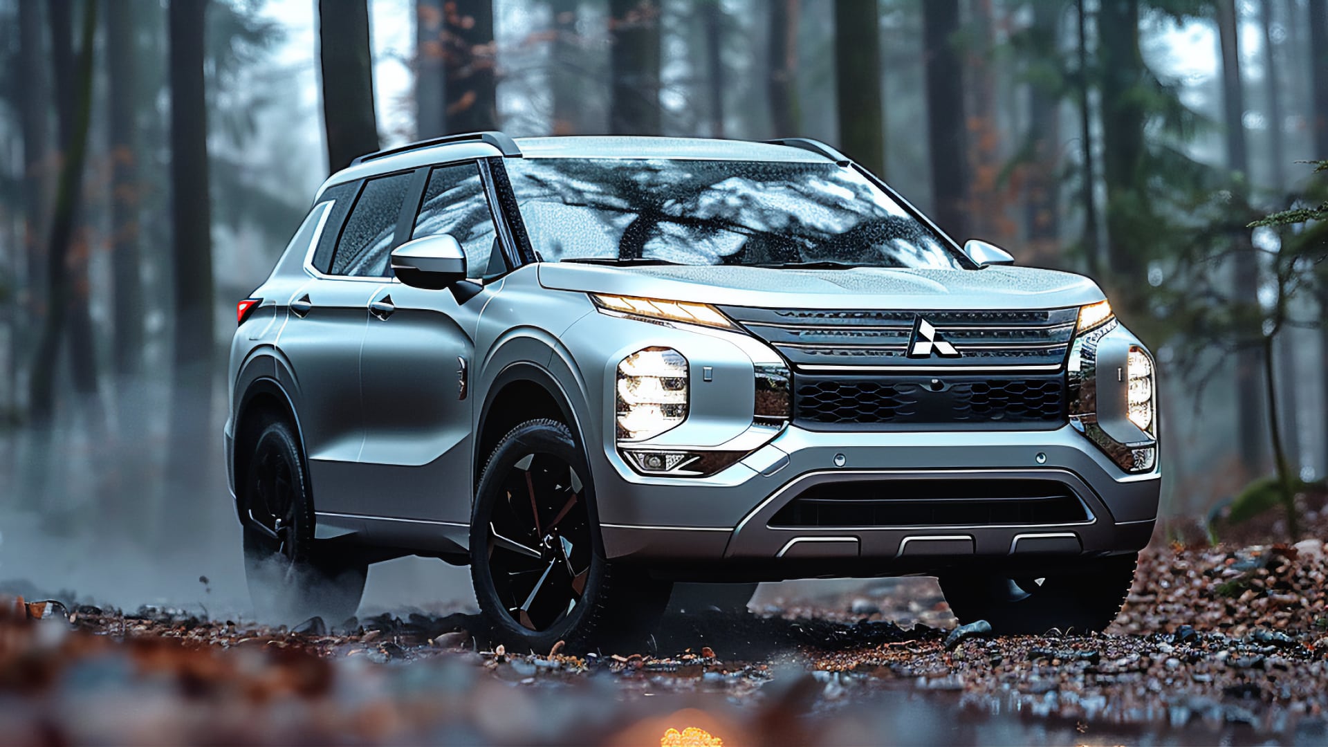 The 2020 Mitsubishi Outlander SUV is driving through the woods.|a silver suv parked in front of a mountain.|a white car parked on the side of the road.