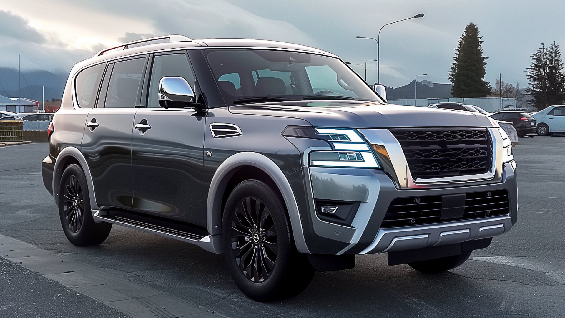 A silver Nissan Armada, a model from one of the years to avoid, is parked in a parking lot.|a brown nissan suv is parked in the desert.
