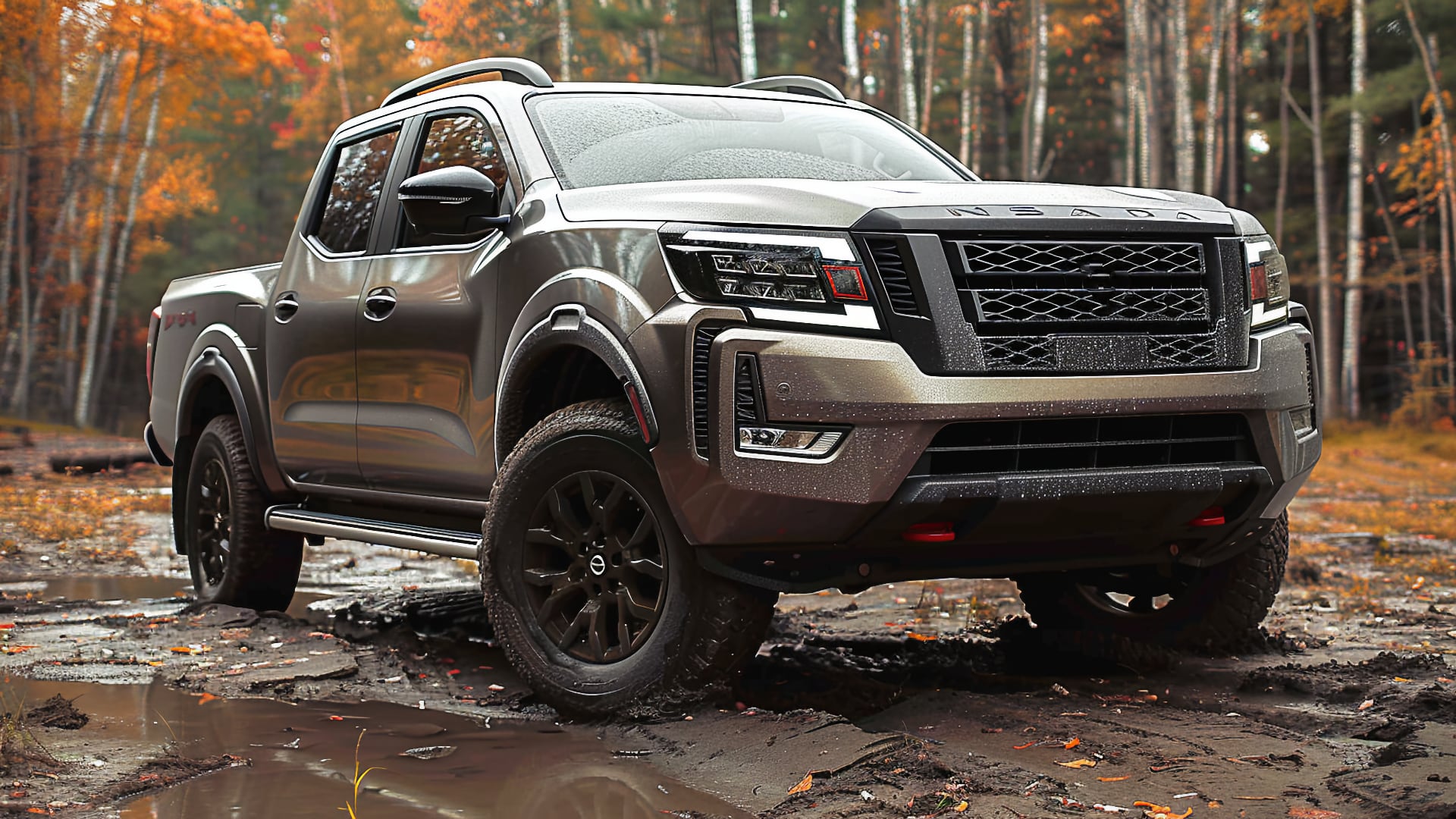 An older silver Nissan Frontier sits parked in a muddy forest.|a silver truck parked in a parking lot.