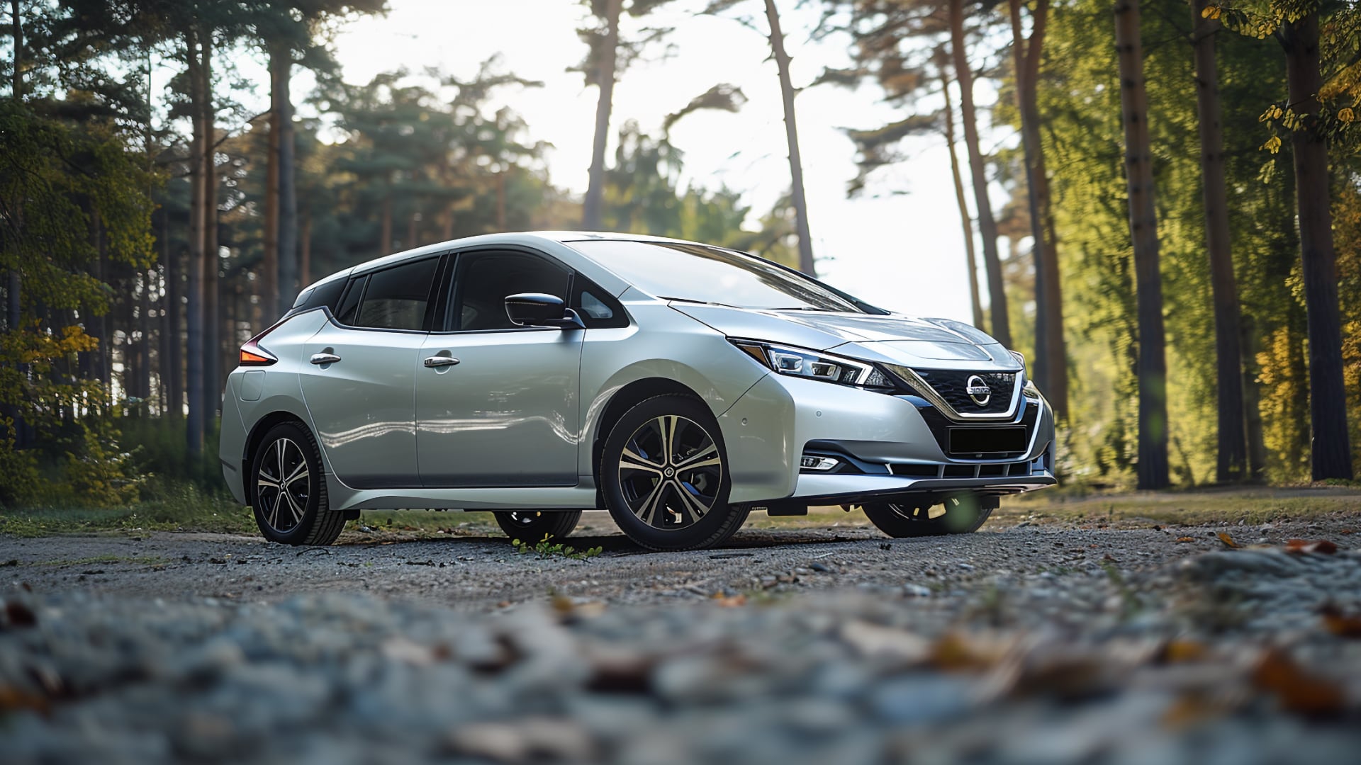A Nissan Leaf parked on a gravel road.|a red car parked on the side of the road.