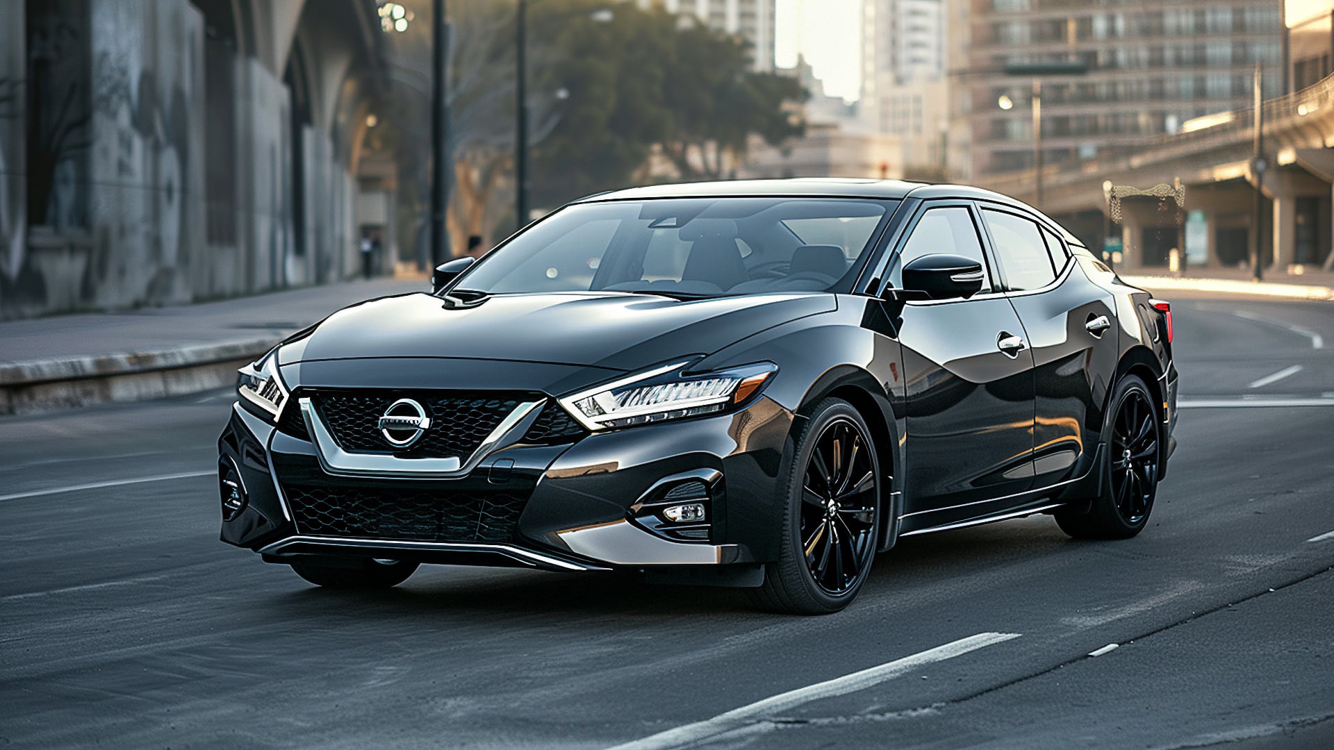 A black 2019 Nissan mule is cruising down a city street.|a black car is parked in the desert.|a silver car parked in a parking lot.