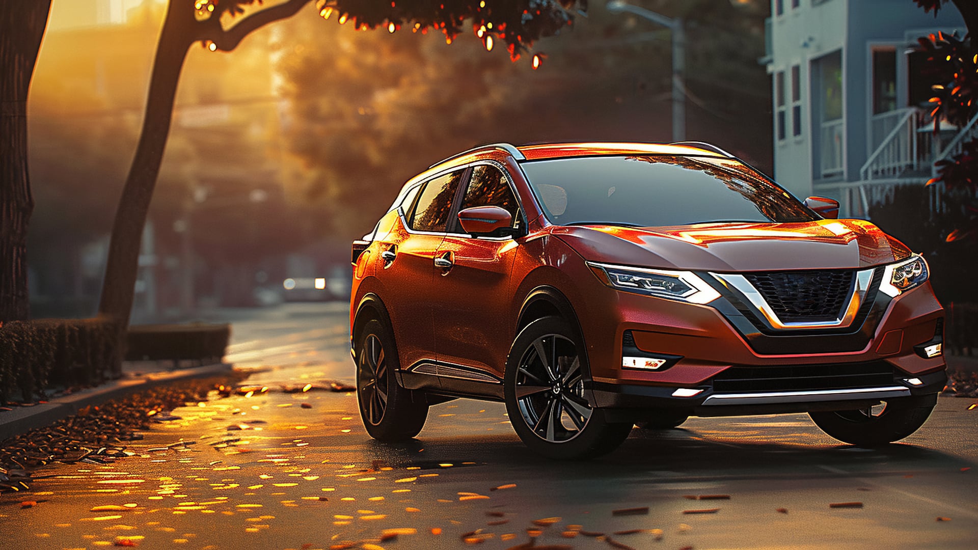 A red Nissan Murano is driving down a city street.|the rear end of a silver car covered in snow.