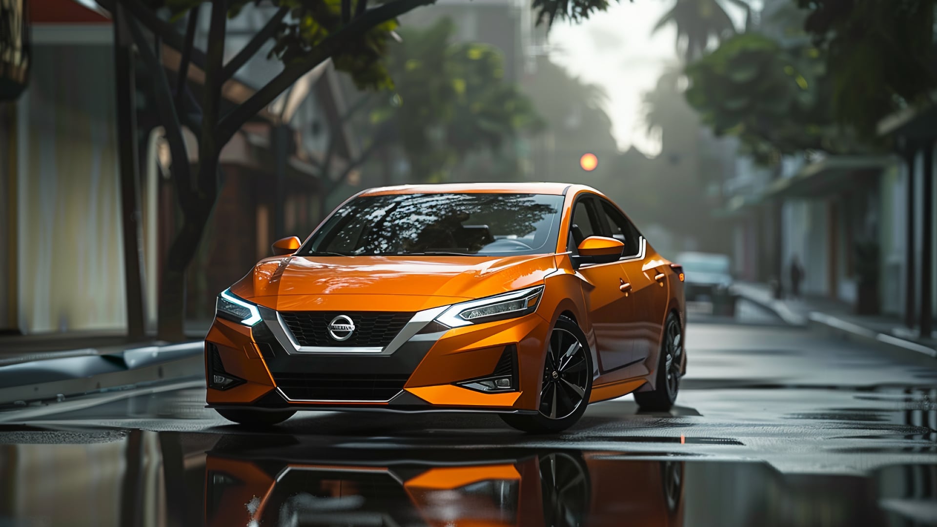An orange Nissan Sentra parked on a wet street, potentially one of those Nissan Sentra years to avoid.|a blue car parked on the side of a road.