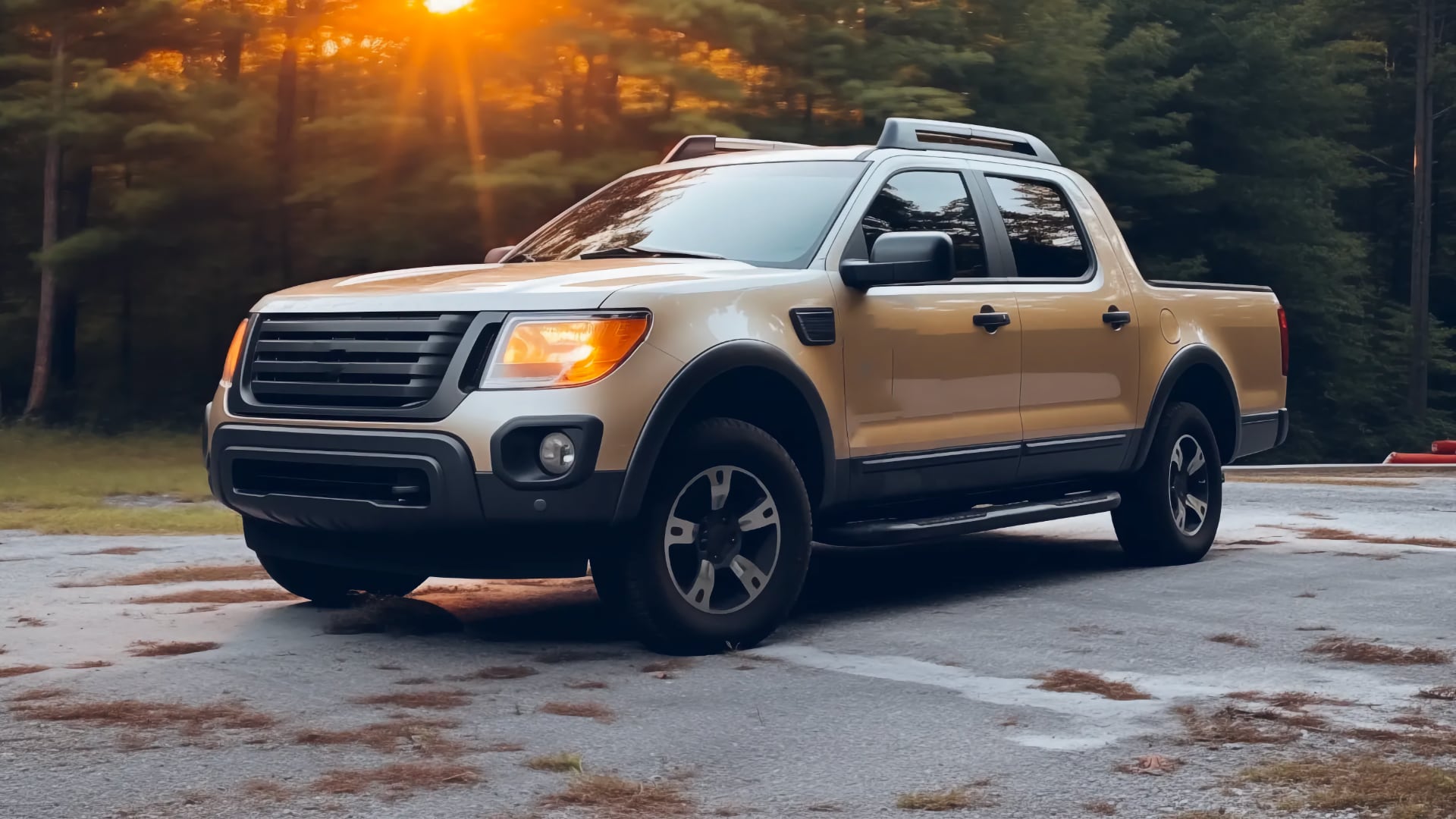A tan Ford Ranger is parked in a parking lot.|a silver truck parked next to other cars on a dirt road.