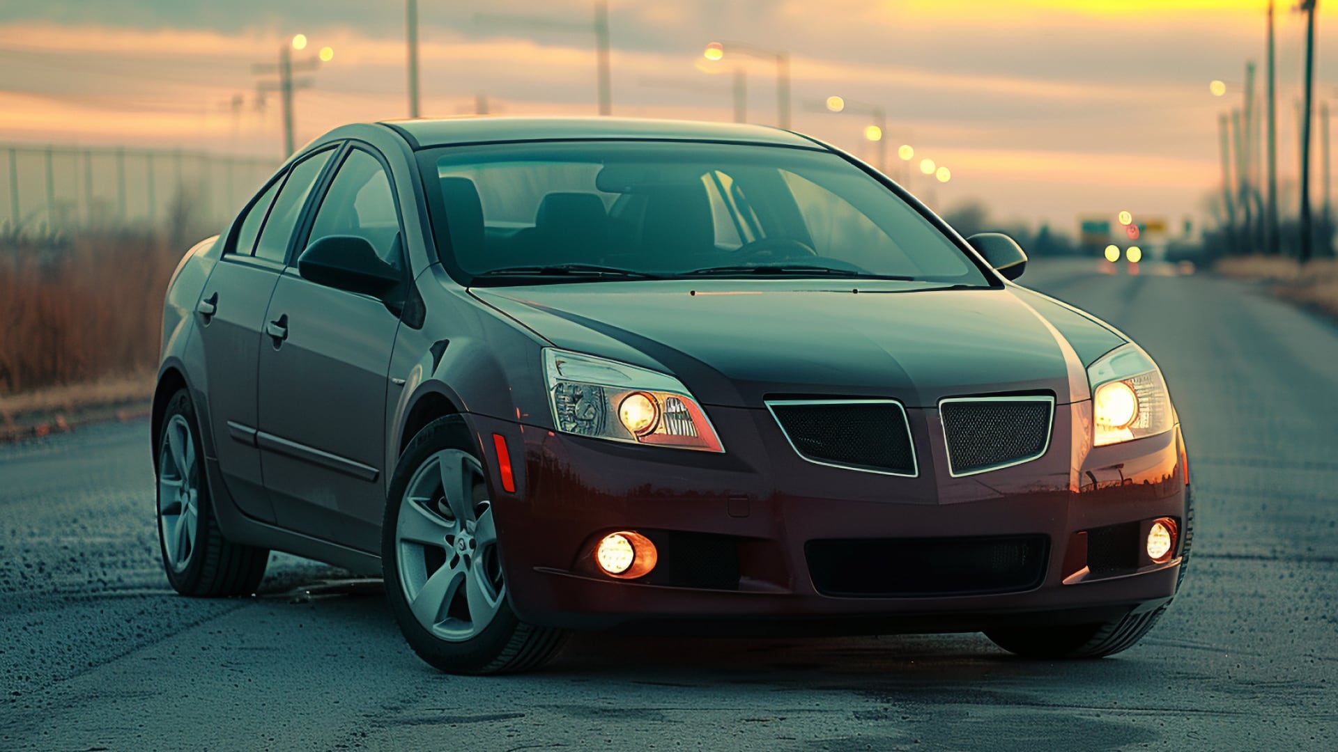 A Pontiac G6 car driving on the road.|a red car parked in a parking lot next to other cars.