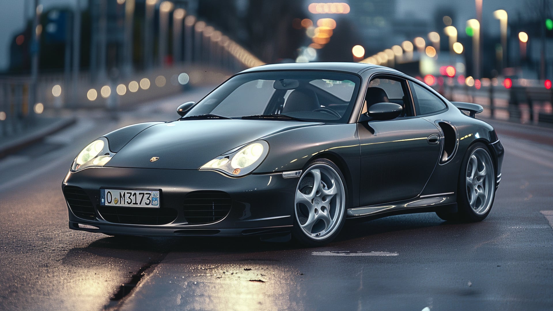A black Porsche 996 911 GTS driving down the street at night.|a silver sports car parked on the side of the road.