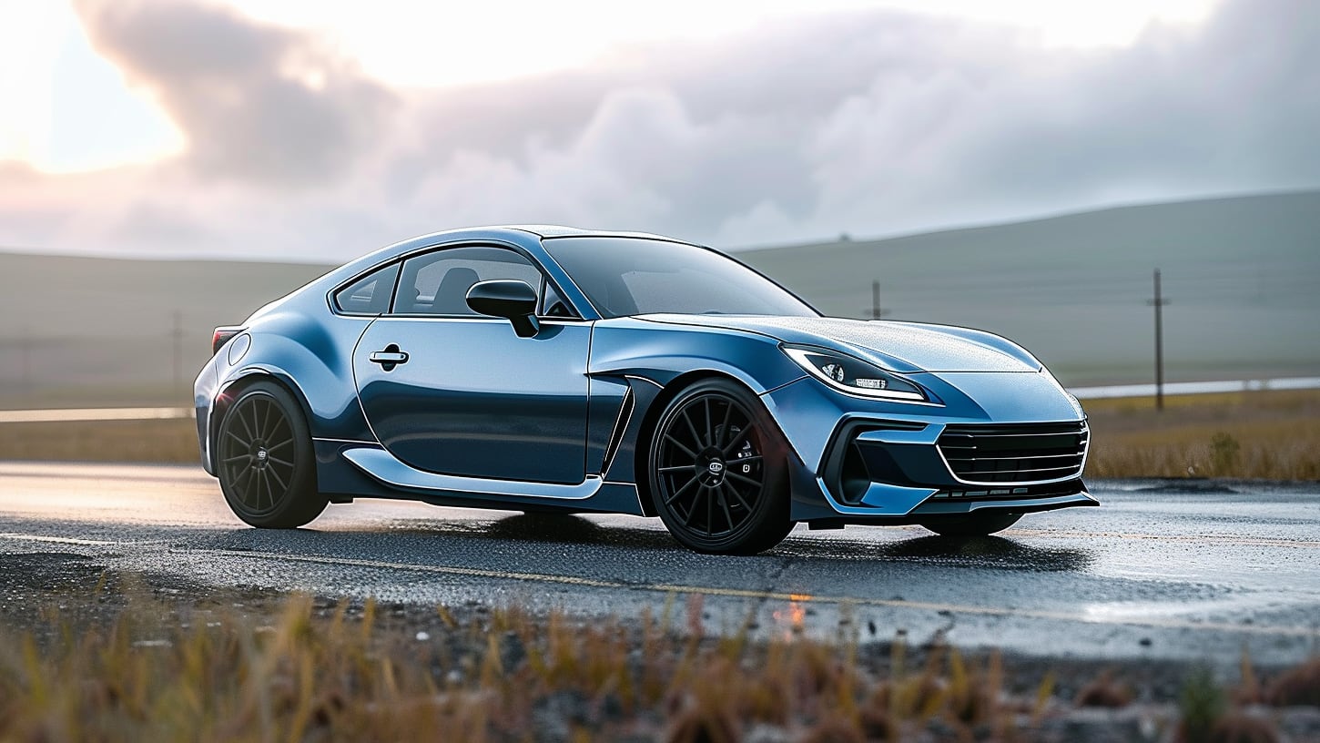 A blue Subaru BRZ sports car is driving down a road, but there are no specific years to avoid.|a blue sports car driving down a road.