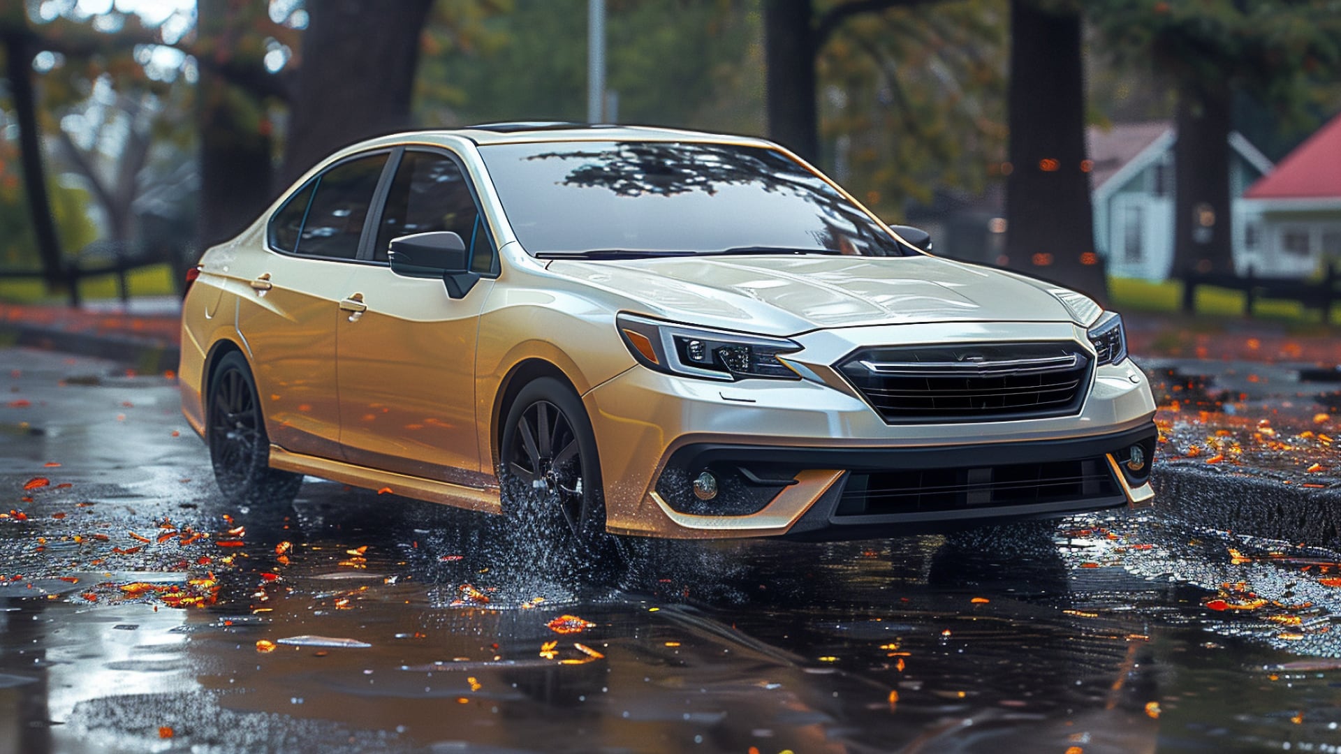 The 2019 Subaru Impreza is driving in the rain.|a black car with the word legacy on it.|a black car parked on the side of the road.