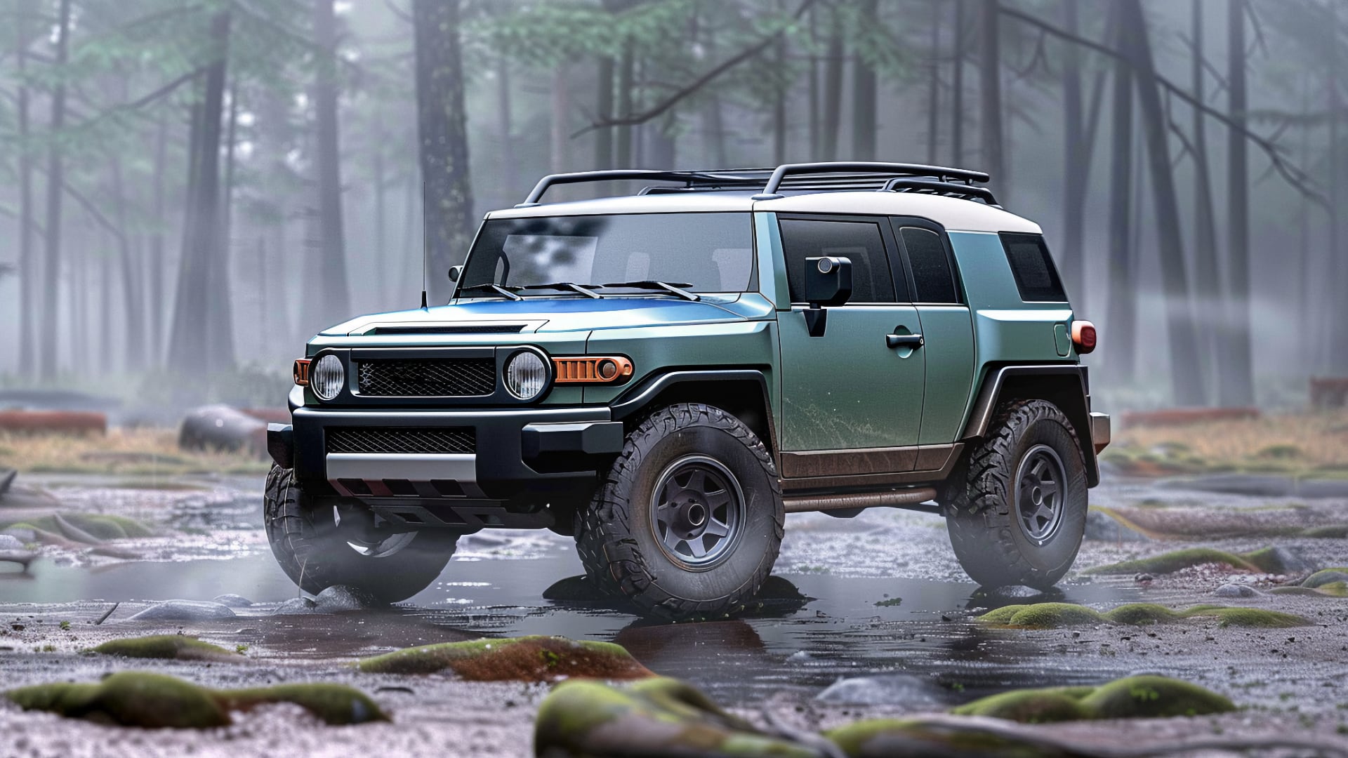 A green Toyota FJ Cruiser, from one of the years to avoid, is driving through a forest.|a yellow and white suv parked in a parking lot.