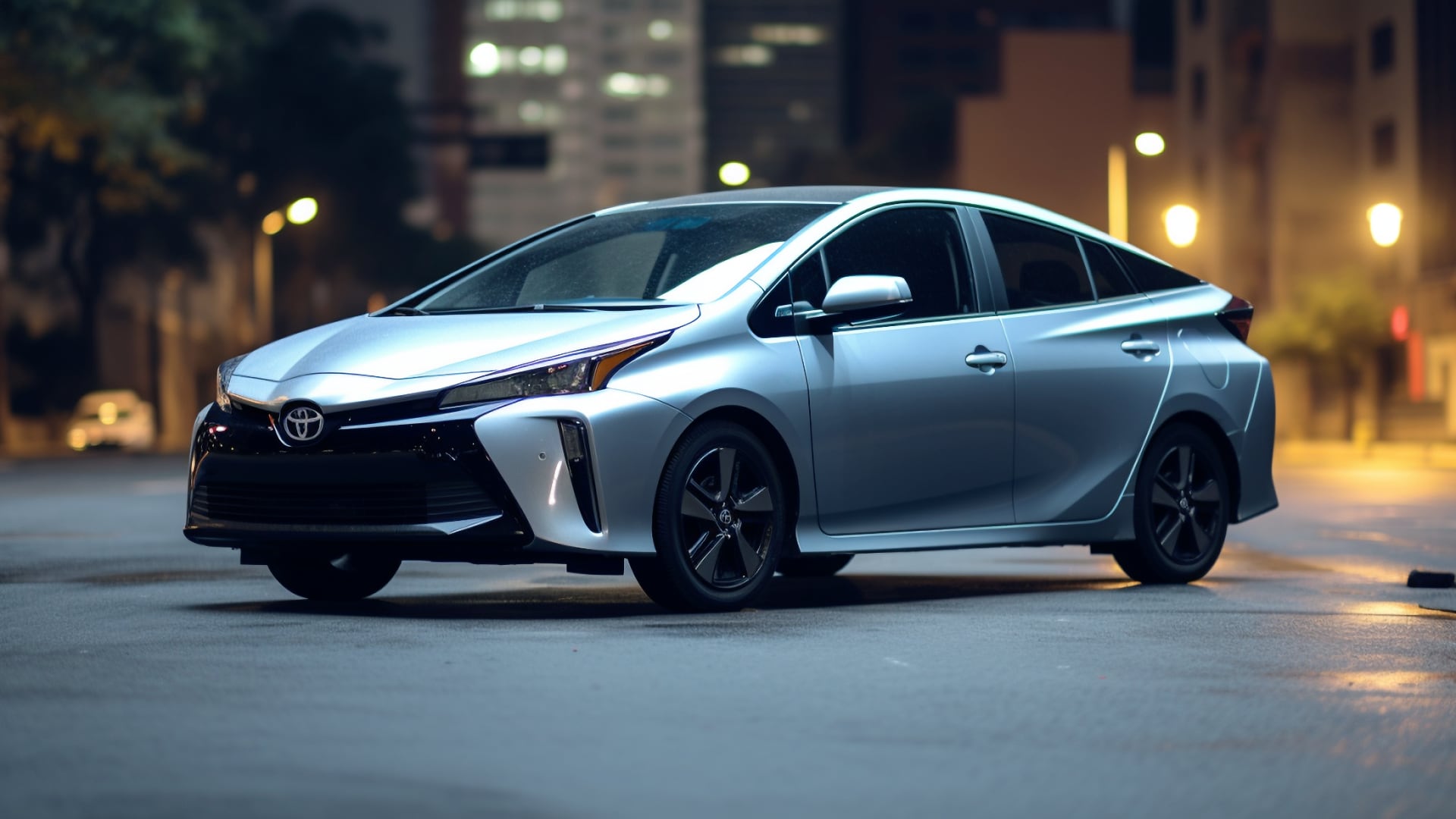 A silver Toyota Prius parked on a city street at night.|a silver car parked on a brick road.