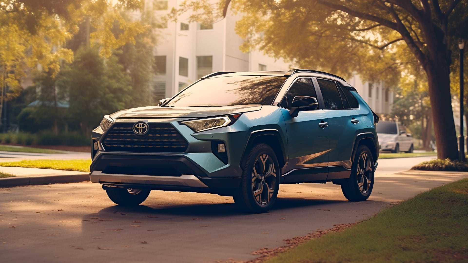 A blue 2020 Toyota RAV4 parked on a street, a reliable choice among Toyota RAV4 years.|a silver toyota rav parked in a parking lot.