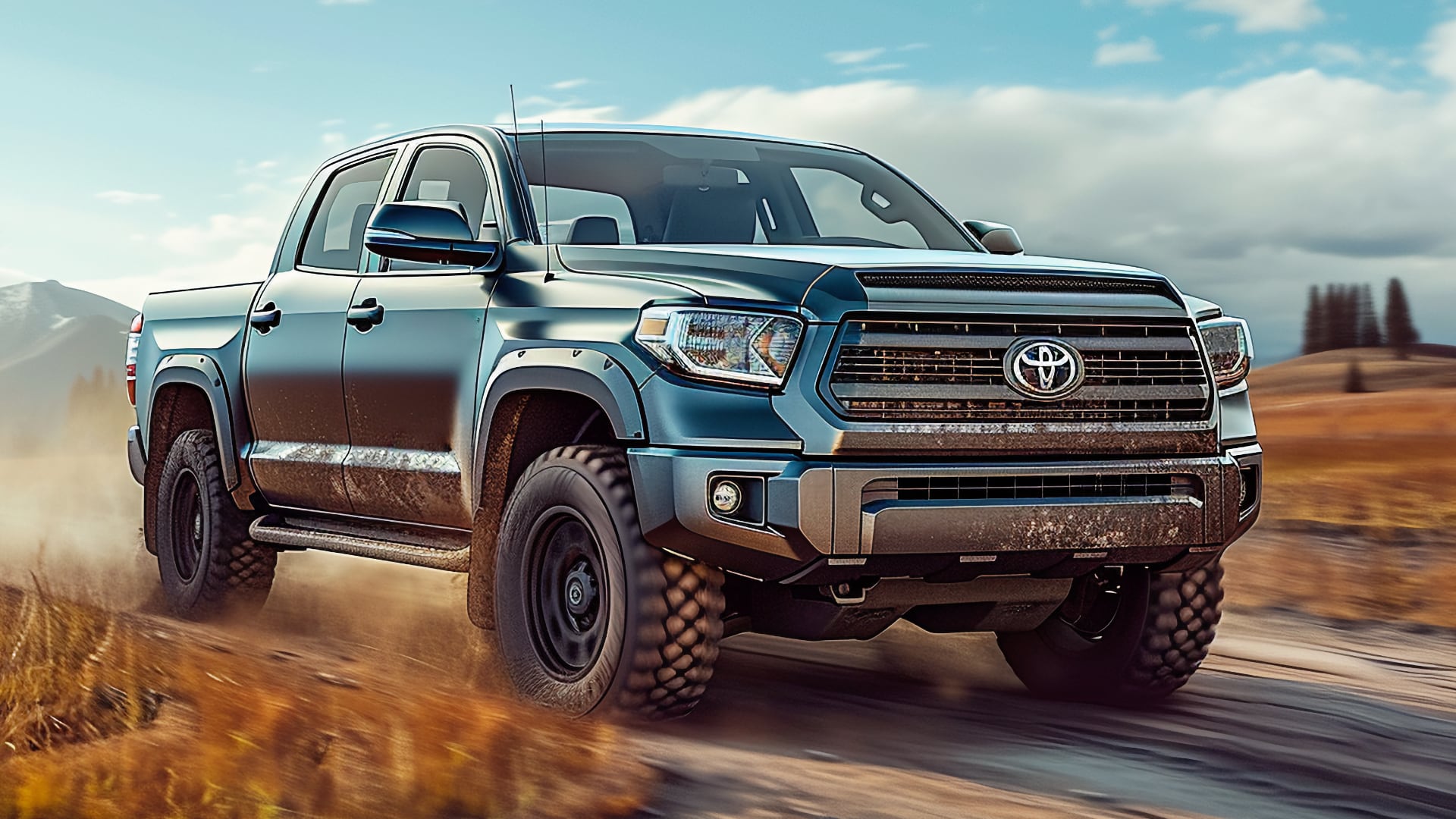 A Toyota Tundra truck driving on a dirt road.|a gray truck driving down a road next to a forest.