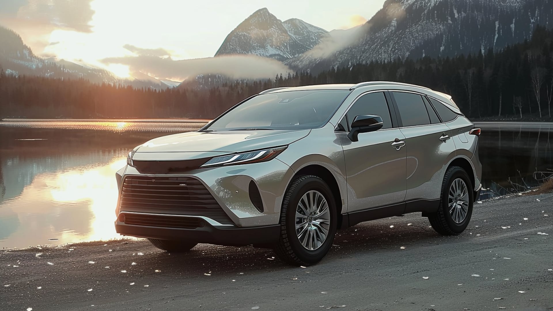 A silver 2020 Toyota Venza parked near a lake.|a black toyota venza driving down a road.|a red toyota venza parked in front of a forest.