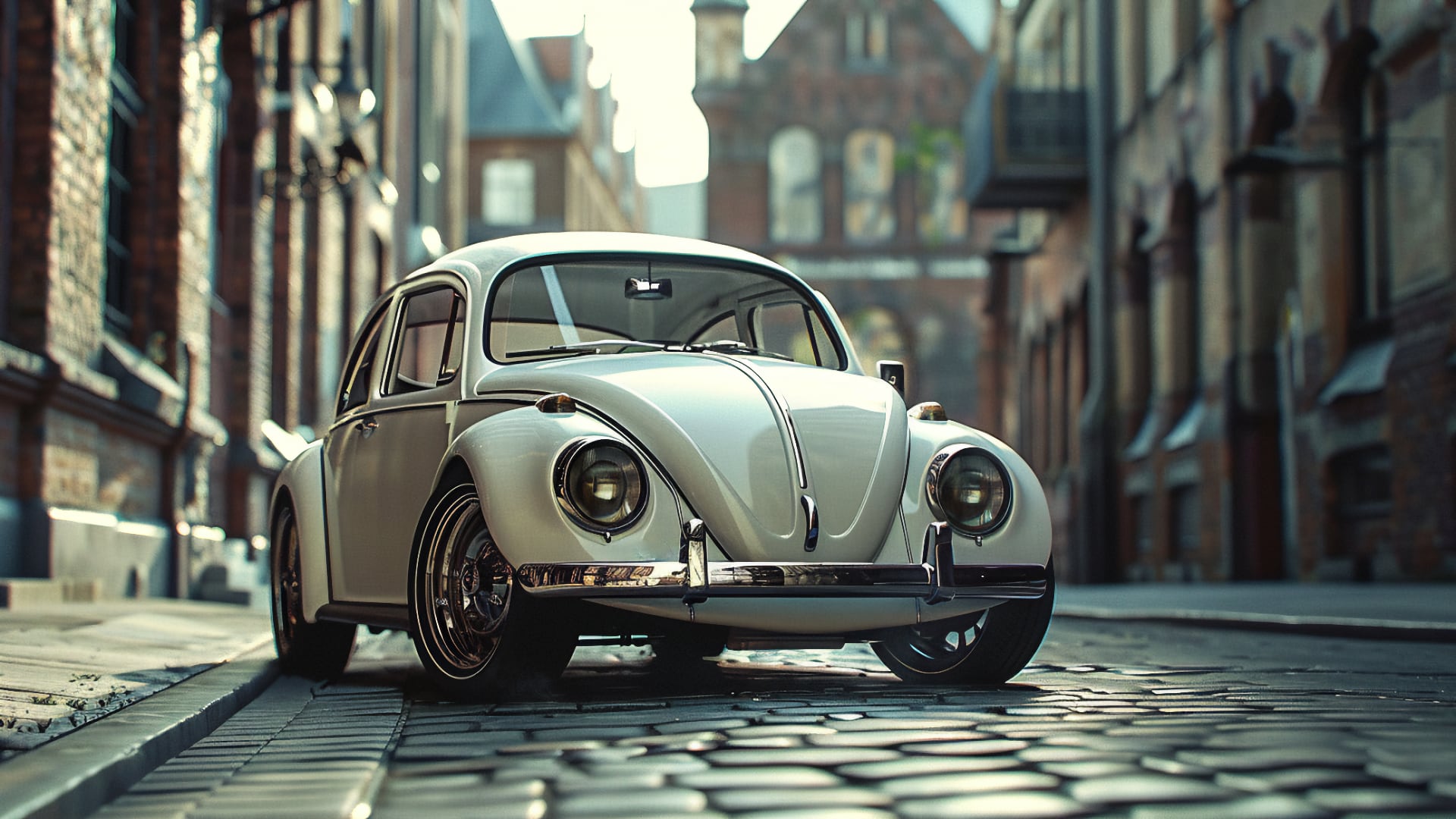 A white Volkswagen Beetle, from one of the years to avoid, is parked on a cobblestone street.|a black car parked next to a pink wall.