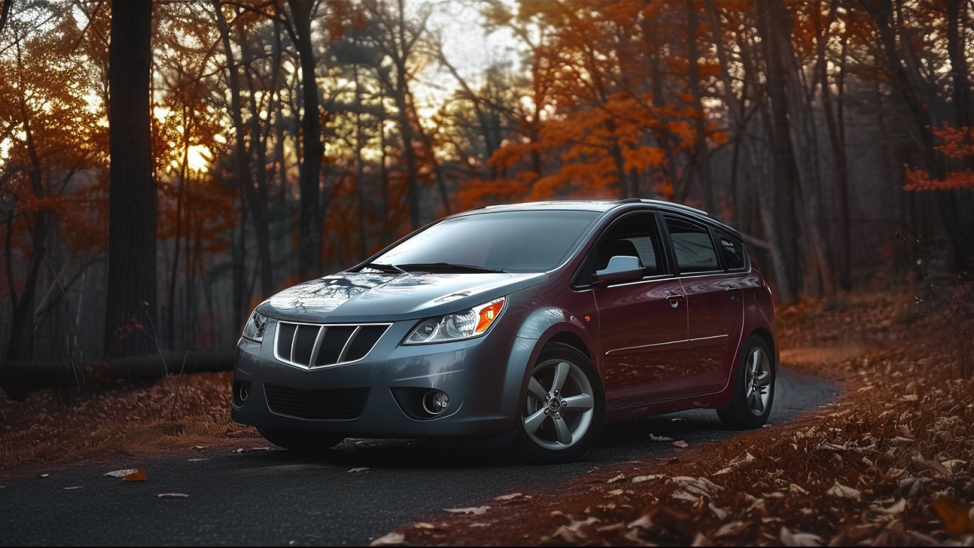 A silver Pontiac Vibe is driving down a road in the fall.|a silver car parked on the side of the road.