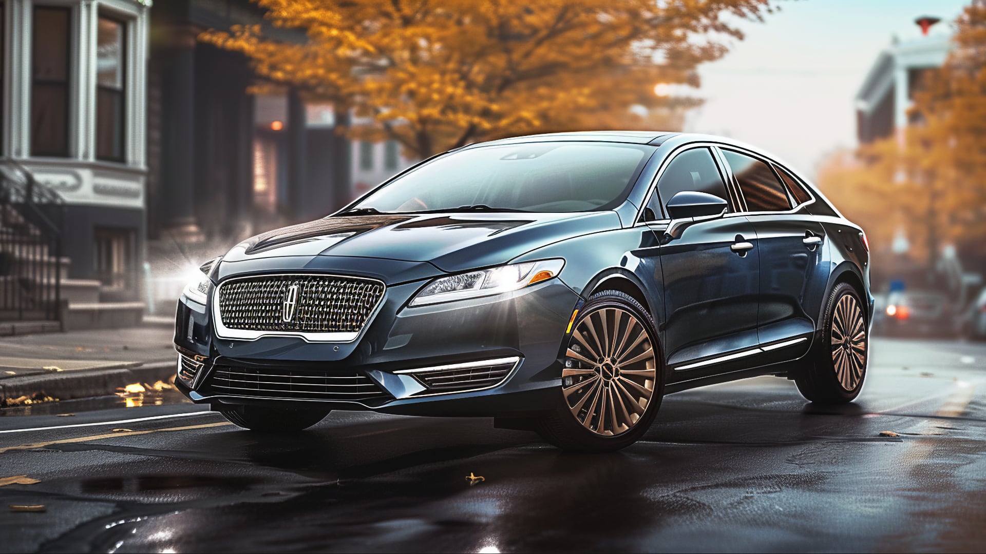 The 2019 Lincoln MKZ cruises through a bustling city street.|a black car driving down a road next to a bridge.