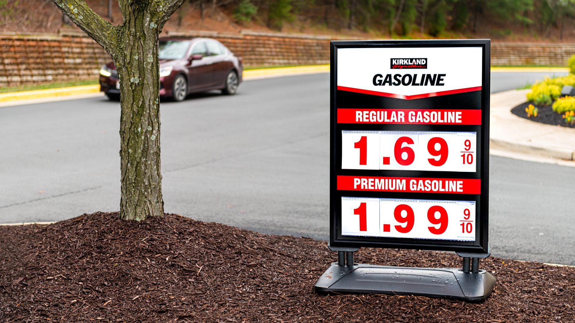 a gas station sign on the side of the road.|a gas pump filled with lots of different types of gas.|a row of gas pumps with gas prices on them.