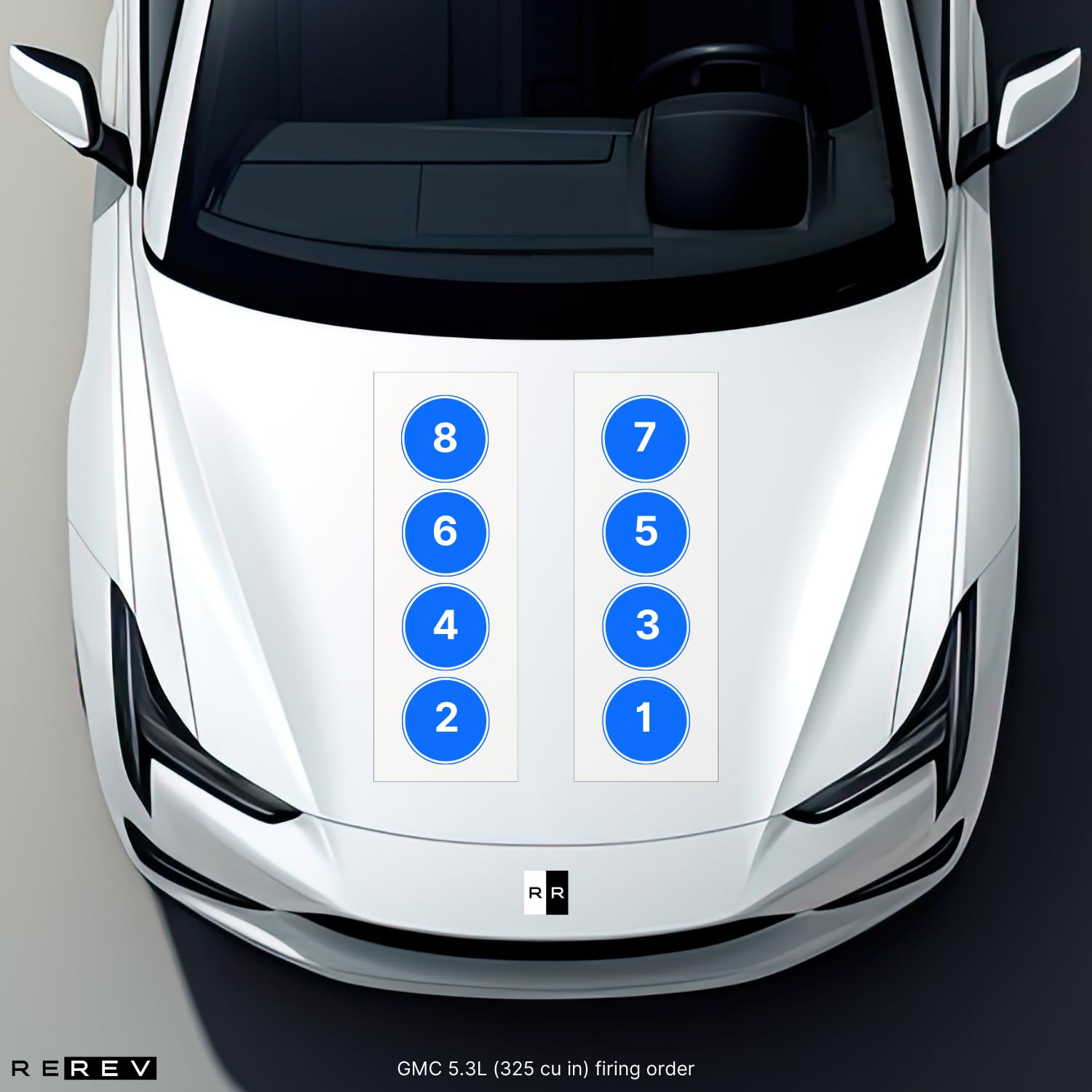 A white car with blue numbers on the hood.