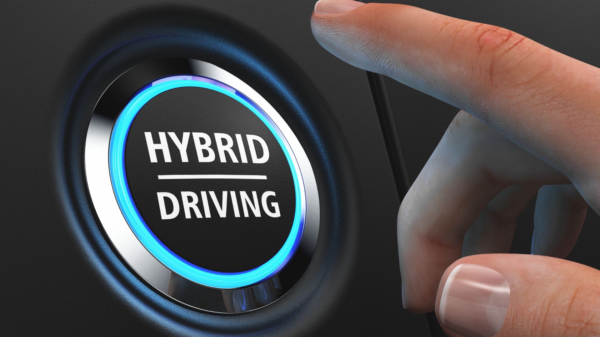 a hand pushing a button that says hybrid driving.|a man working on a machine in a factory.|a car dashboard with a display showing a car's engine.|a plug - in hybrid car plugged into a charger.