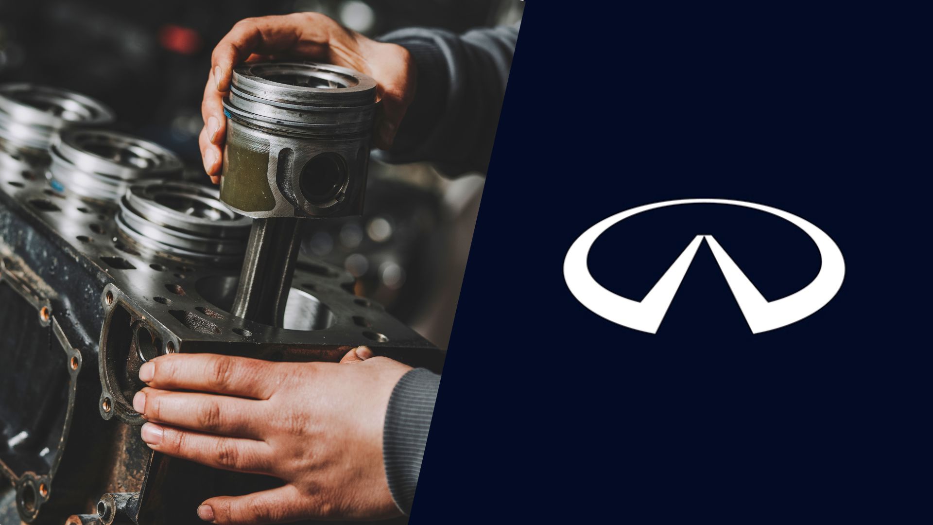 An infiniti logo with a man working on a car engine.|A white tesla car with blue numbers on it.