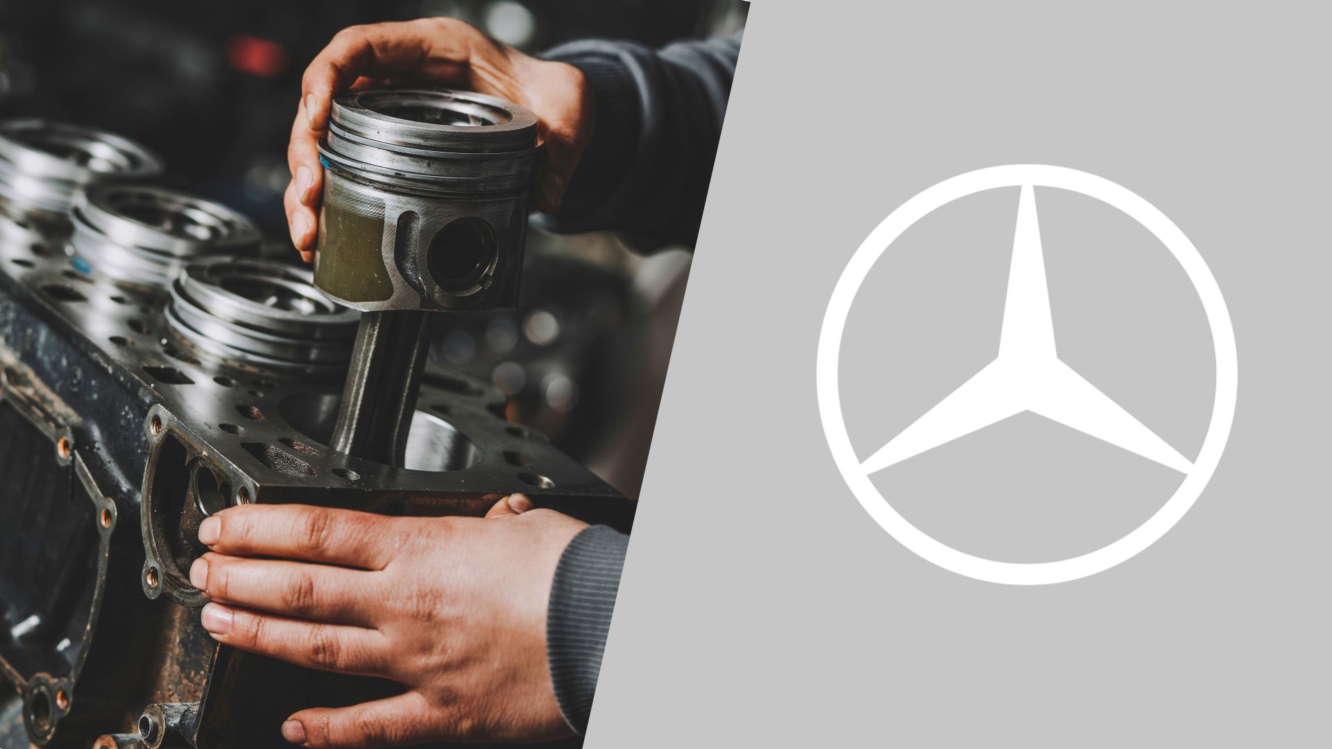 A man is working on a mercedes engine.|A white sports car with numbers on its hood.
