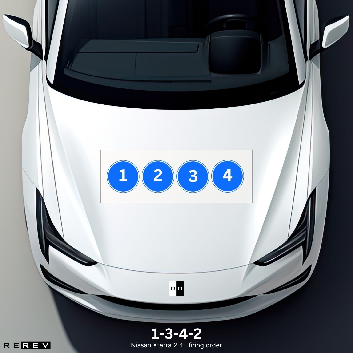 A white car with four numbers on the hood.