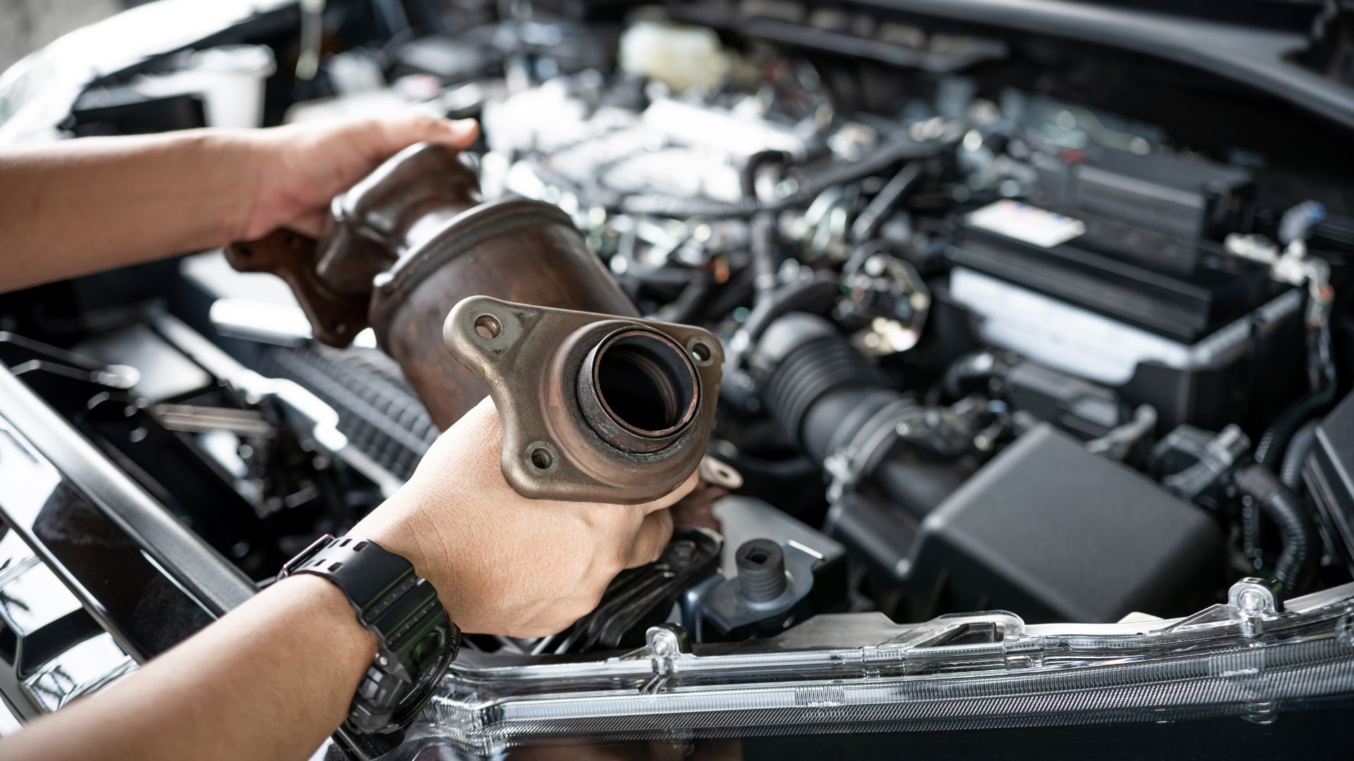 a man is working on a car engine.|a close up of a metal object with a wrench.|a man is working on a car engine.
