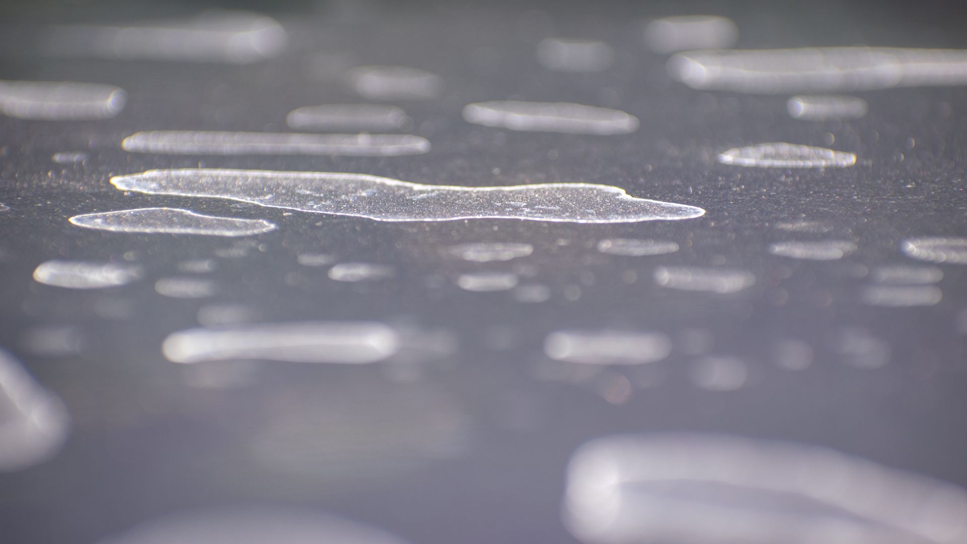a close up of a table with a lot of bubbles on it.|a pair of scissors sitting on top of a car mirror.|a red car covered in snow with a brush.